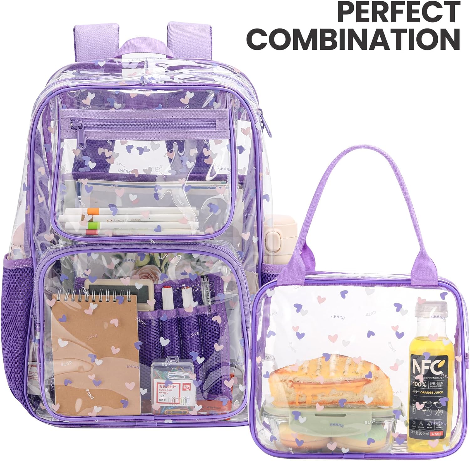 BORMELUN Heavy Duty Clear Backpack Lunch Bag Box Set for 8-Year-Olds - Practical and Stylish School Essentials(clear backpack & tote lunch bag-purple)