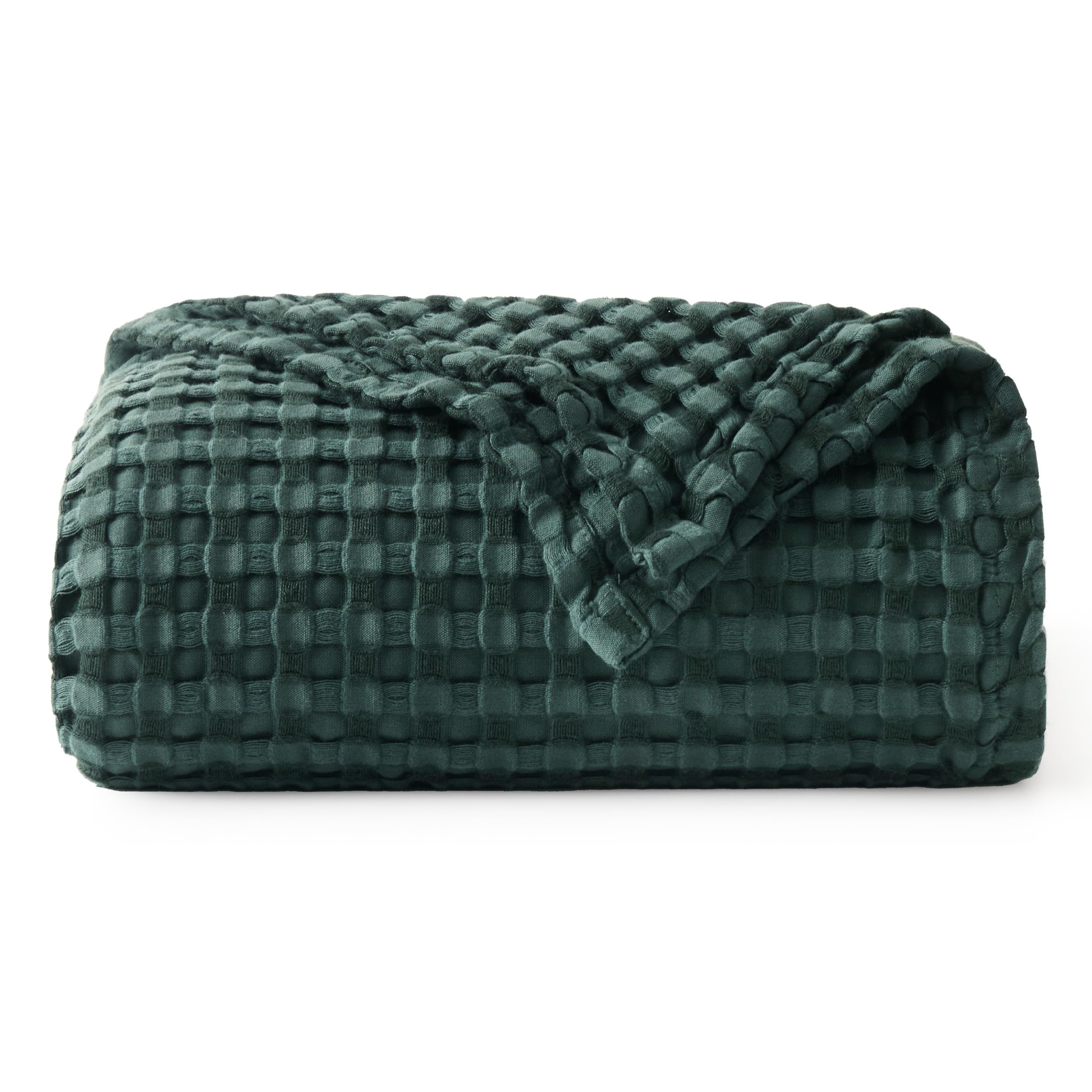Bedsure Cooling Cotton Waffle Weave Throw Blanket - Lightweight Breathable Blanket of Rayon Derived from Bamboo for Hot Sleepers, Luxury Throws for Bed, Couch and Sofa, Dark Green, 50x70 Inches