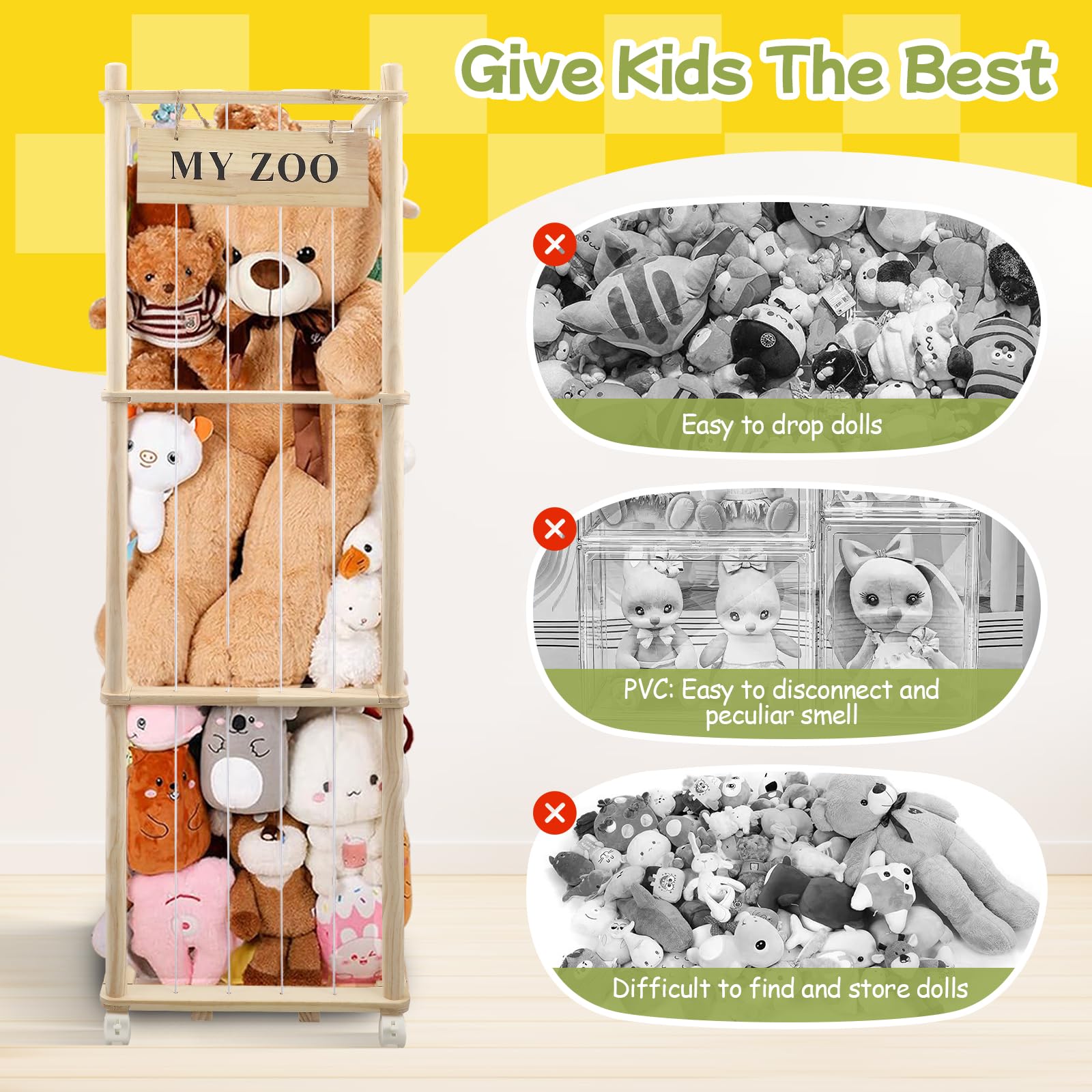 Almacenamiento de peluches de madera, 135 x 40 x 40 cm, con freno de 360°, ruedas equipadas para peluches, peluches, juguetes de peluche, juguete de peluche para habitación de los niños, sala de