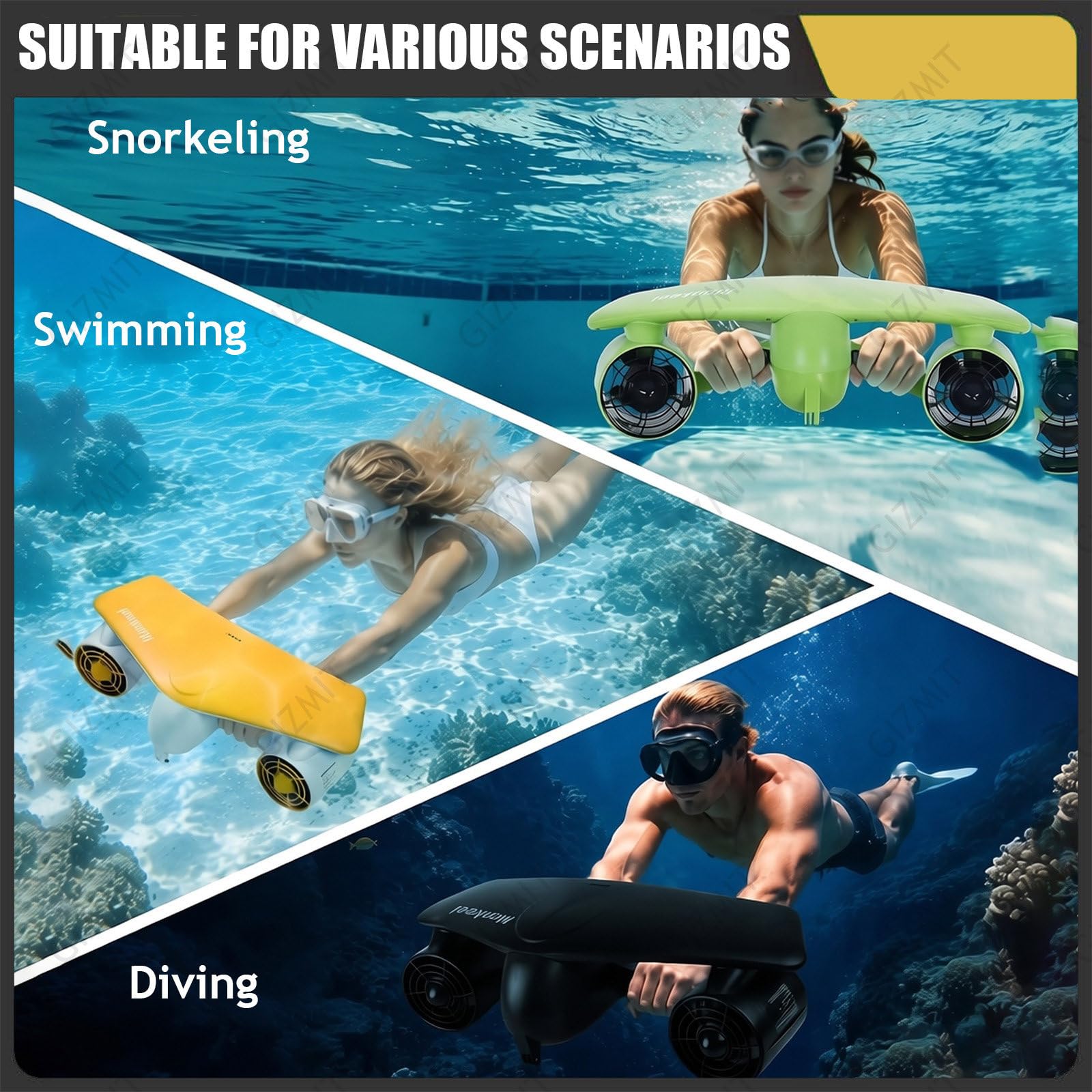 Scooter Submarino, propulsor acuático de Doble Motor con Soporte para cámara de acción, 2 Modos de Velocidad y batería extraíble; Ideal para Buceo y natación en Piscina. Black