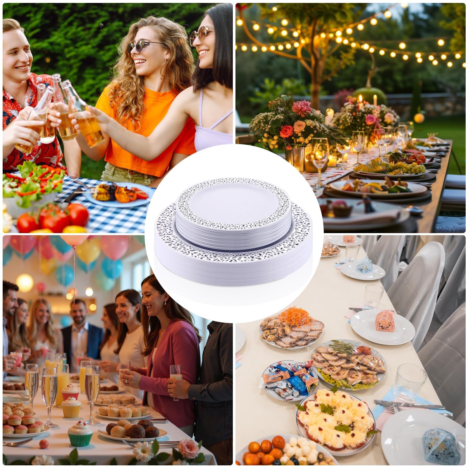 Juego de 50 platos de plástico blancos, 19 cm y 26 cm, reutilizables, platos de plástico reutilizables, para fiestas, platos de fiesta, platos de plástico con plateados para bodas, fiestas