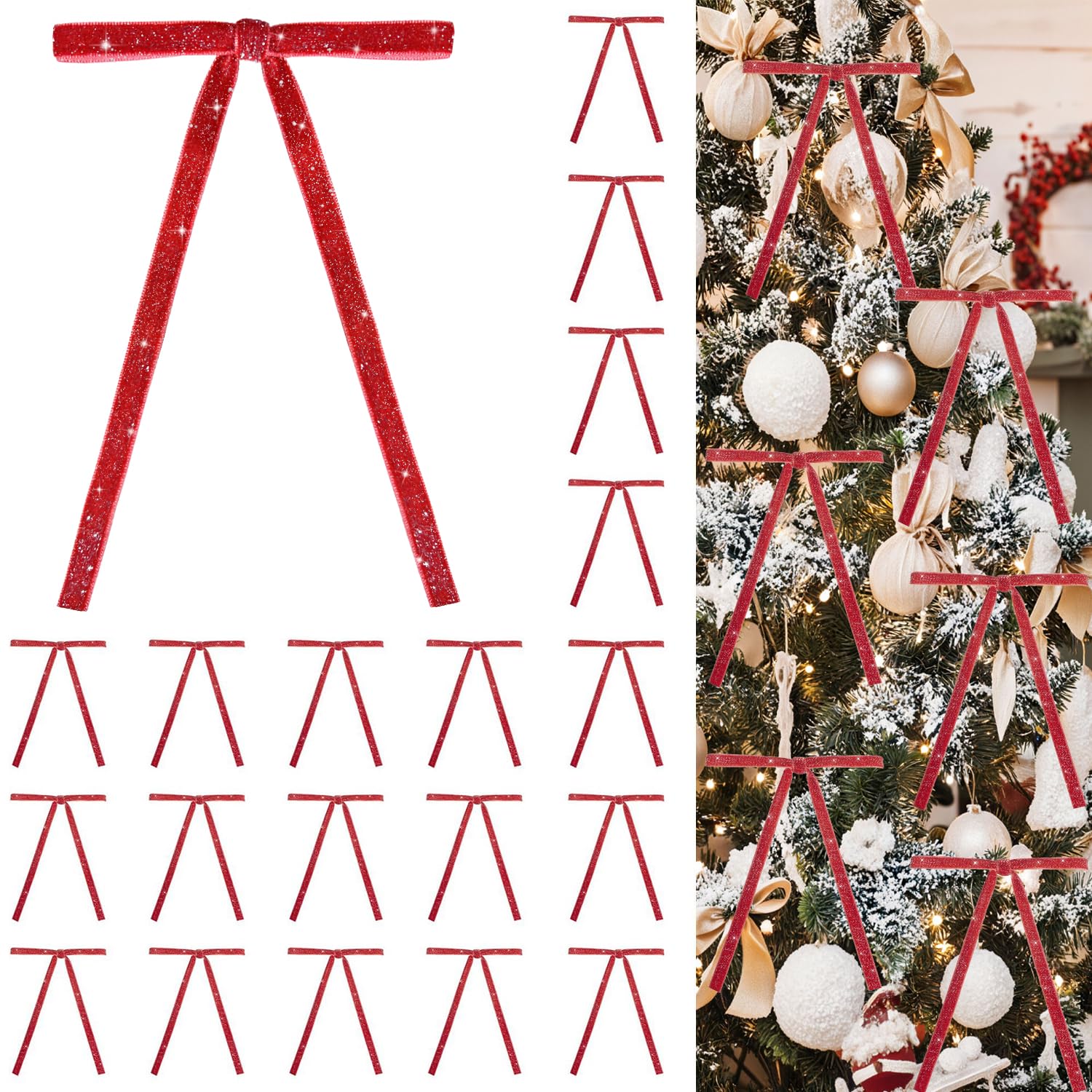24 PCS Velvet Bows Christmas Ornaments Decorations, Sparkly Glittery Red Velvet Bows Ornaments for Christmas Tree, Unique Vintage Xmas Home Holiday Decor for Tree Mantle Wreath Gift Wrap