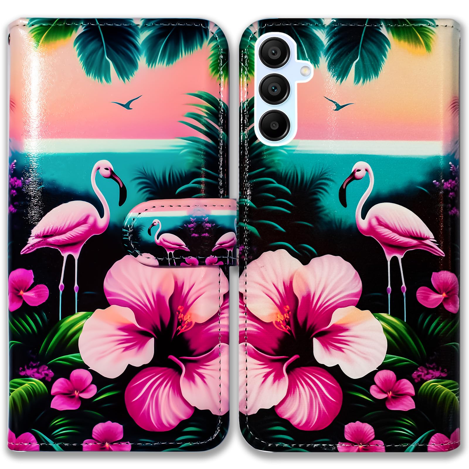 Bcov Case for Galaxy A15 5G,Pink Flamingo Flowers Bird Leather Flip Phone Case Wallet Cover with Card Slot Holder Kickstand for Samsung Galaxy A15 5G