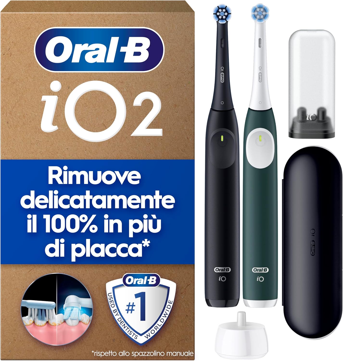Oral-B iO 2 DUO Spazzolino Elettrico Oral B, Nero e Verde, 2 Testine Di Ricambio e Spazzolini, Custodia Da Viaggio, Porta Ricarica Da Viaggio. Delicato sulle Gengive, Sensore di Pressione
