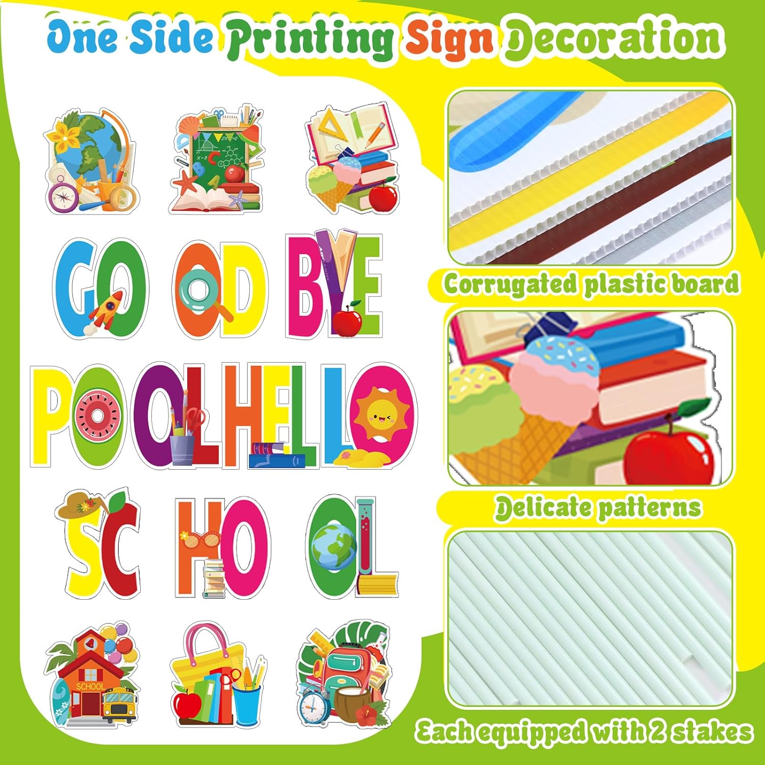 17 Pcs Large Back to School Decor Outdoor Goodbye Pool Hello School First Day of Yard Decor Outdoor Lawn Signs Kindergarten Classroom Yard Sign Garden Decorations for Greeting Students
