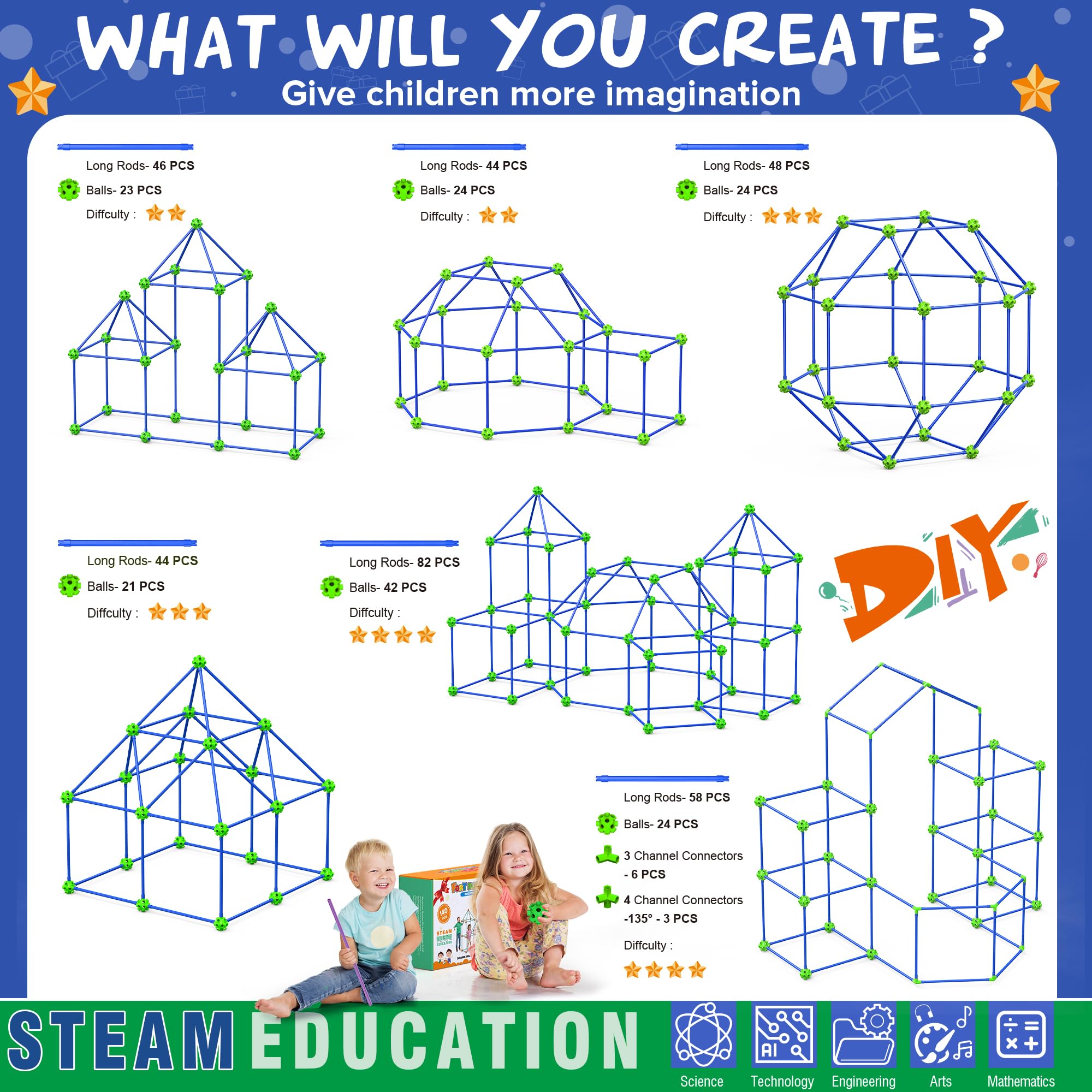 Kit de Construction de Fort pour Enfants, 140 PCS Jouet Fort créatif, Bricolage Construction Châteaux Tunnels Jouer Tente, STEM Maison Jouet Intérieur et Extérieur, pour Garçons Fille Âge 4+