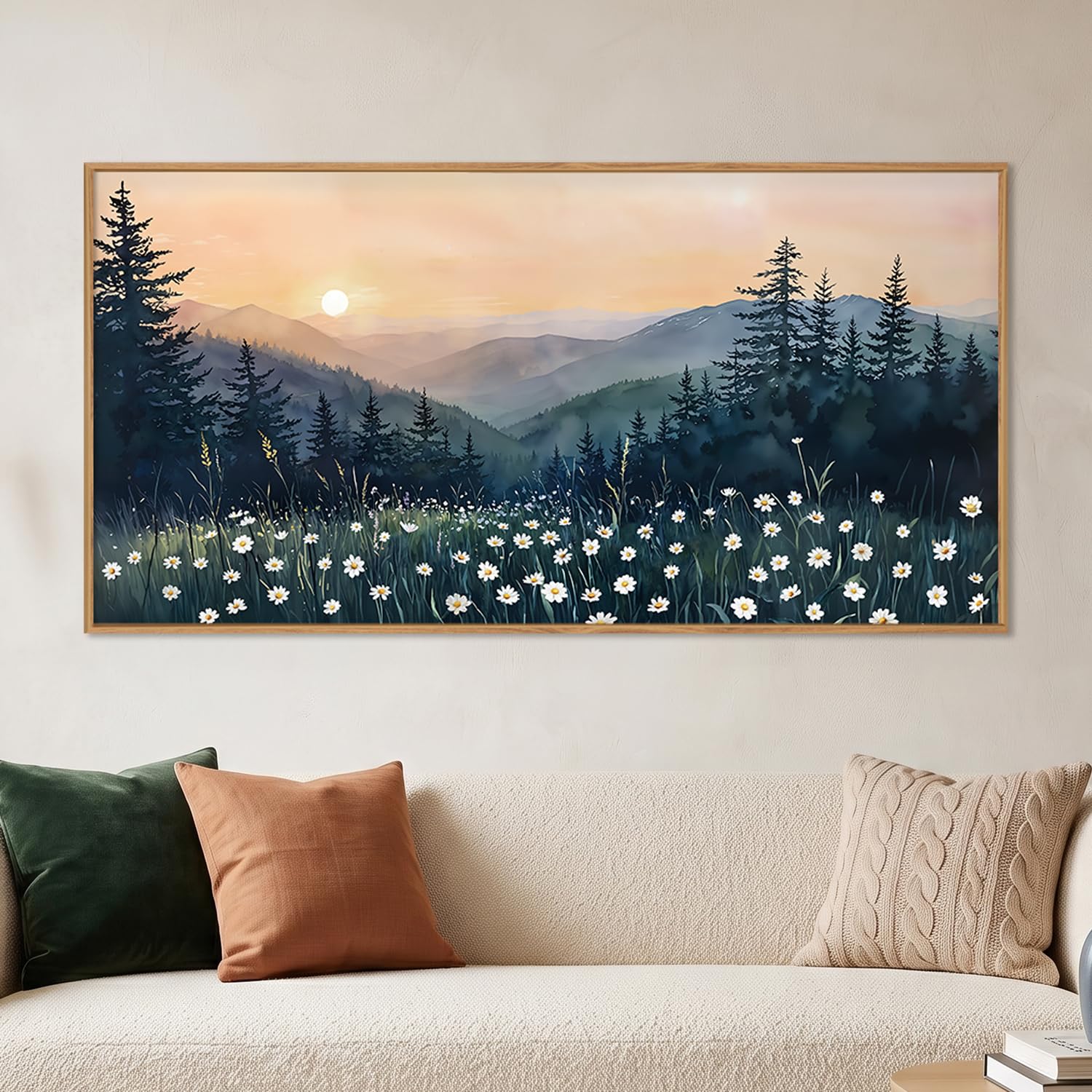 KAIRNE Mountain Floral Landscape Framed Canvas Wall Art Set,Watercolor Forest Wall Decor,Misty Pine Tree Art Prints,Nature Sunset Scenery Artwork for Living Room,Bedroom,Farmhouse,Office-40 x20 x1