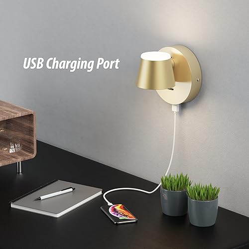 Miniatura 5 de URSOLA Aplique de pared LED con interruptor de encendidoapagado, puerto de carga USB, 110 voltios, lámpara de pared cableada con cable de 350 grados