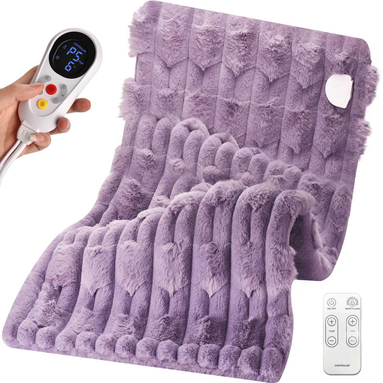 GOBRILLFUN Smart Control Heating Pad con telecomando e blocco bambini, lussuoso tappetino riscaldante elettrico per schiena, gambe, ginocchia, 6 livelli e 5 impostazioni timer, 40x80 cm (viola)