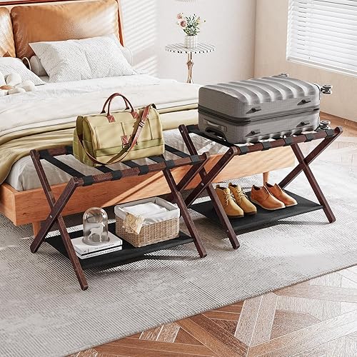 Miniatura 2 de HOOBRO Portaequipajes, juego de 2 portaequipajes plegables, soportes para maleta de bambú, con correas de nailon y estante de tela Oxford, para