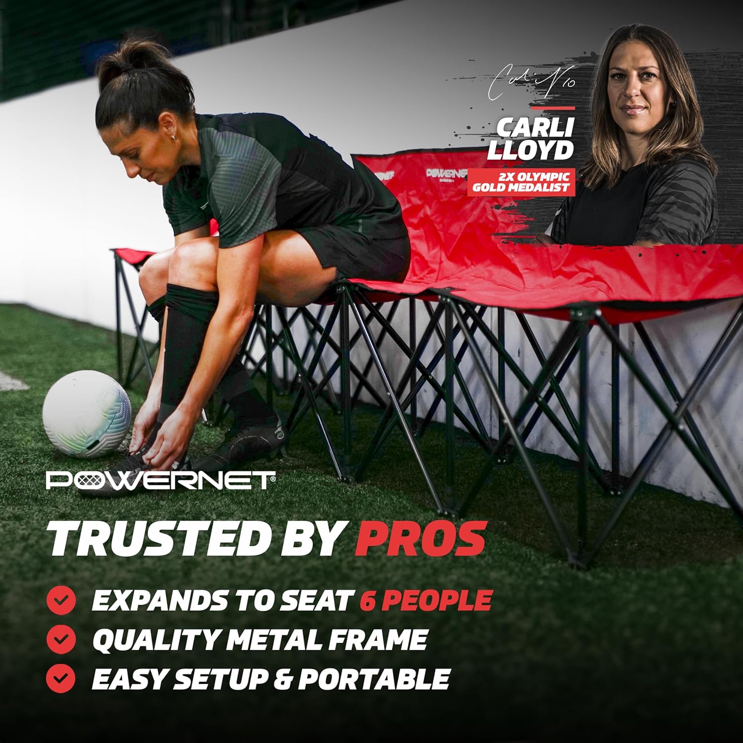 PowerNet Carli Lloyd 6 Seater Team Bench, Backpack Style Carry Bag Included, Ultra Portable, Great for Teams, Soccer Basketball Football Practice and Games Red image 4 of 9 B09YMYYJ1S