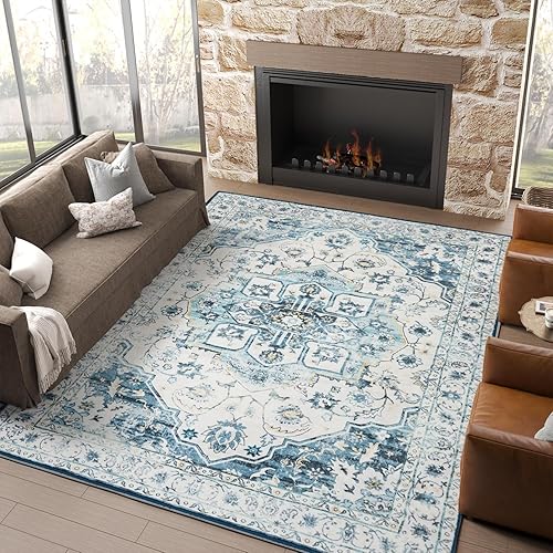 jinchan Alfombra de área de 6 x 9 pies, lavable, vintage, para interior, con estampado de medallón envejecido, color azul, multicolor, alfombra de