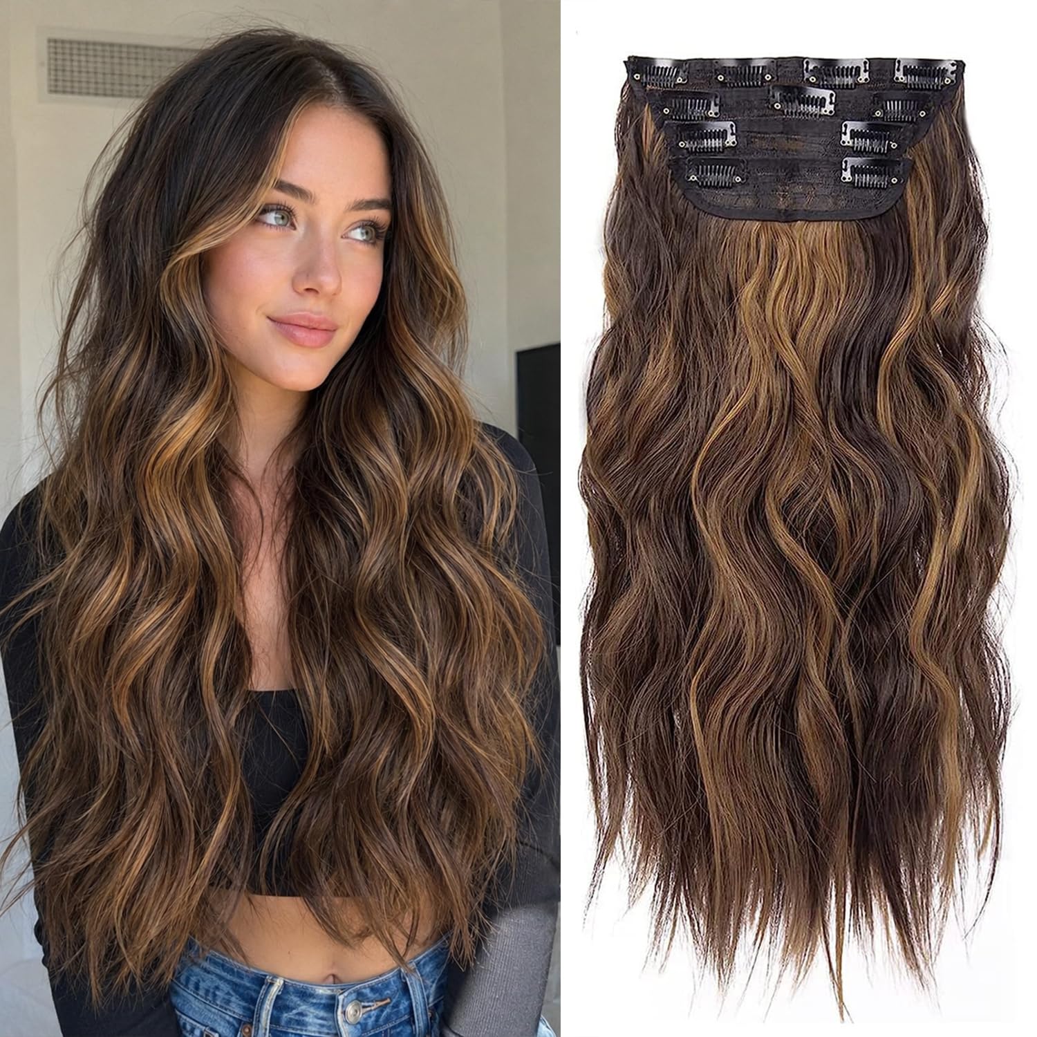 Extension de Cheveux à Clips, Extension à Clip Cheveux Naturel Bouclés, Extension de Cheveux Synthétiques (Châtaigne Mixte Brun Clair, 11 Clips)
