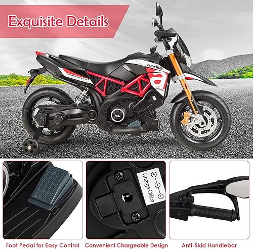 Miniatura 3 de OLAKIDS Motocicleta para niños de 12 V motor eléctrico con licencia Aprilia con ruedas de entrenamiento suspensión de resorte música cuerno luces