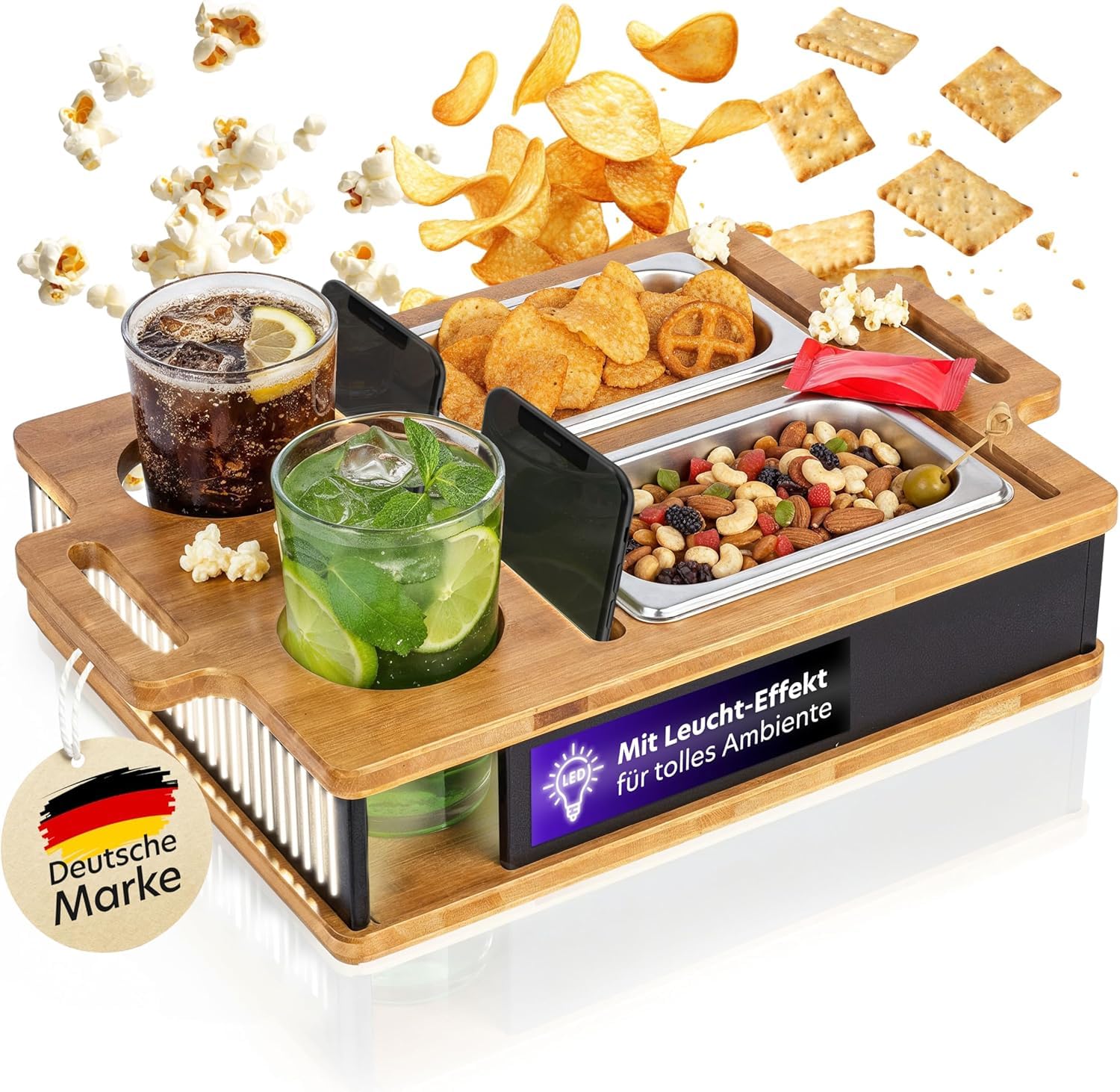 Bandeja Sofa con Asas, Couchbar Snackbox, con 2 Cuencos y Portavasos | Caja de Refrigerios para Sofá de Madera, Diseño calado para luz LED, 2 Bandejas Acero Inoxidable, Ideal para cine en casa