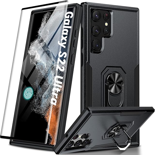 Oterkin for Samsung Galaxy S22 Ultra Case, Military Grade S22 Ultra Case with Kickstand Ring Tempered Glass Screen Protector Support Fingerprint Unlock Shockproof Case for Galaxy S22 Ultra 5G Black