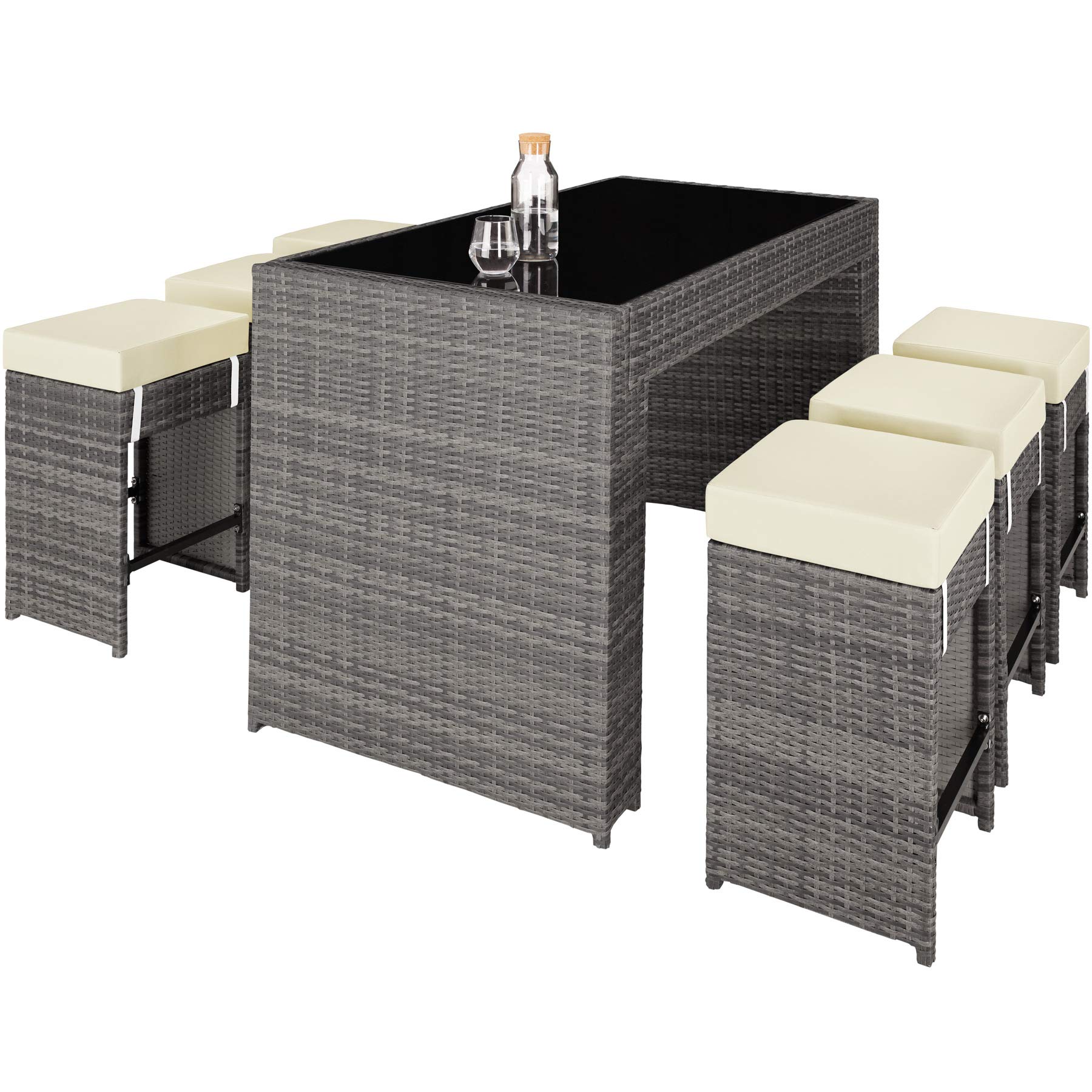 tectake® Set Tavolo e Sgabelli da Bar in Polyrattan Ibiza, Set da Bar 7 Pezzi, 1 Tavolo con Lastra in Vetro, 6 Sgabelli, Comodi Cuscini, Involucro Protettivo Incluso - Grigio