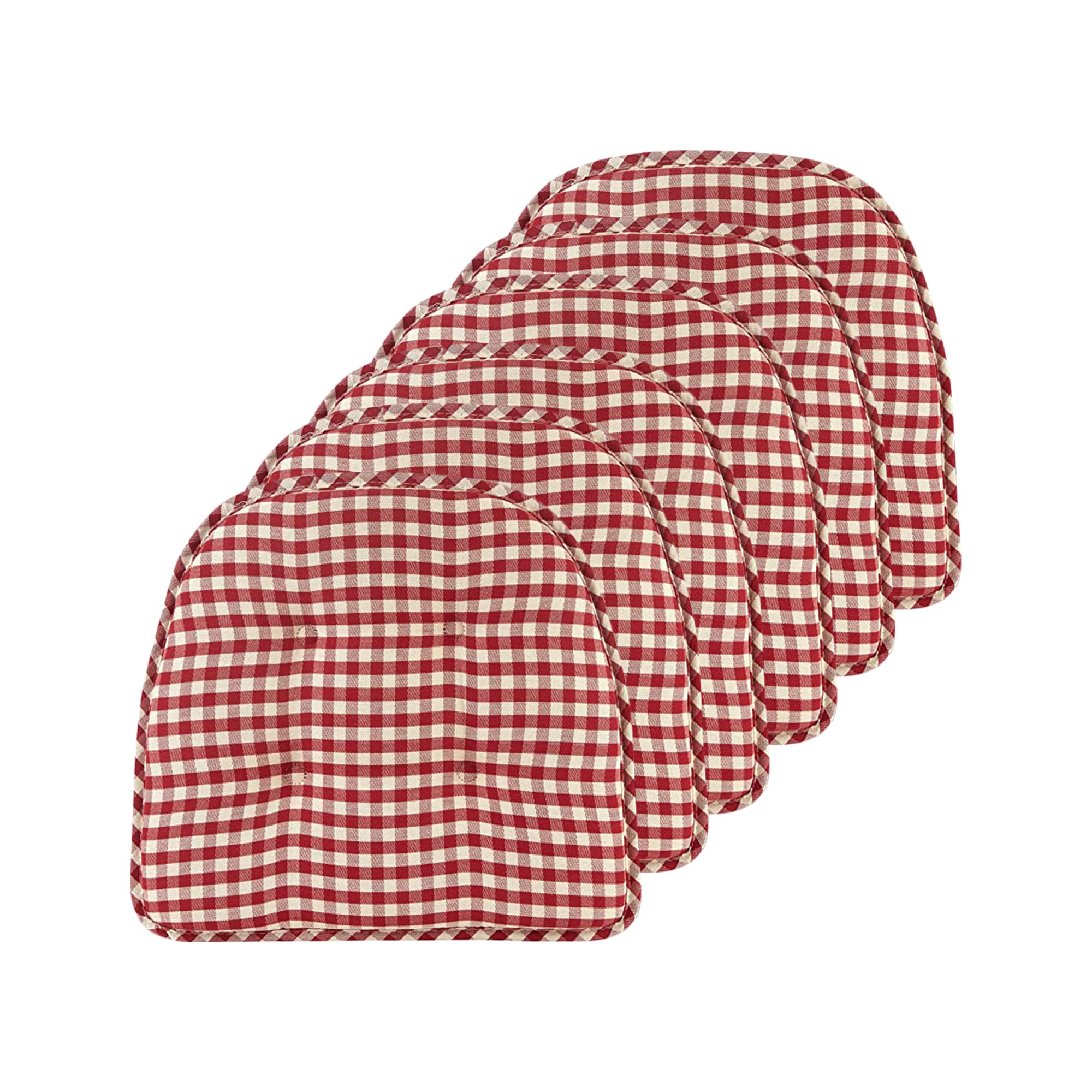 klear vu omega non-slip universal chair cushions for dining room, kitchen and office use, u-shaped skid-proof seat pad, 15x16 inches, 6 pack, 12 gingham red