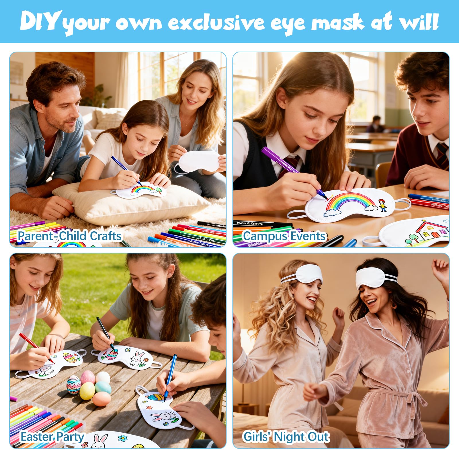 24 Stück Bemalbare Schlafmasken Mit 12 Farbstiften,Weiße DIY Augenmaske | Bemalbare Schlafmaske Mädchen,Übernachtungsparty Mädchen,Masken zum bemalen,Pyjama Party Deko, Übernachtungsparty Zubehör