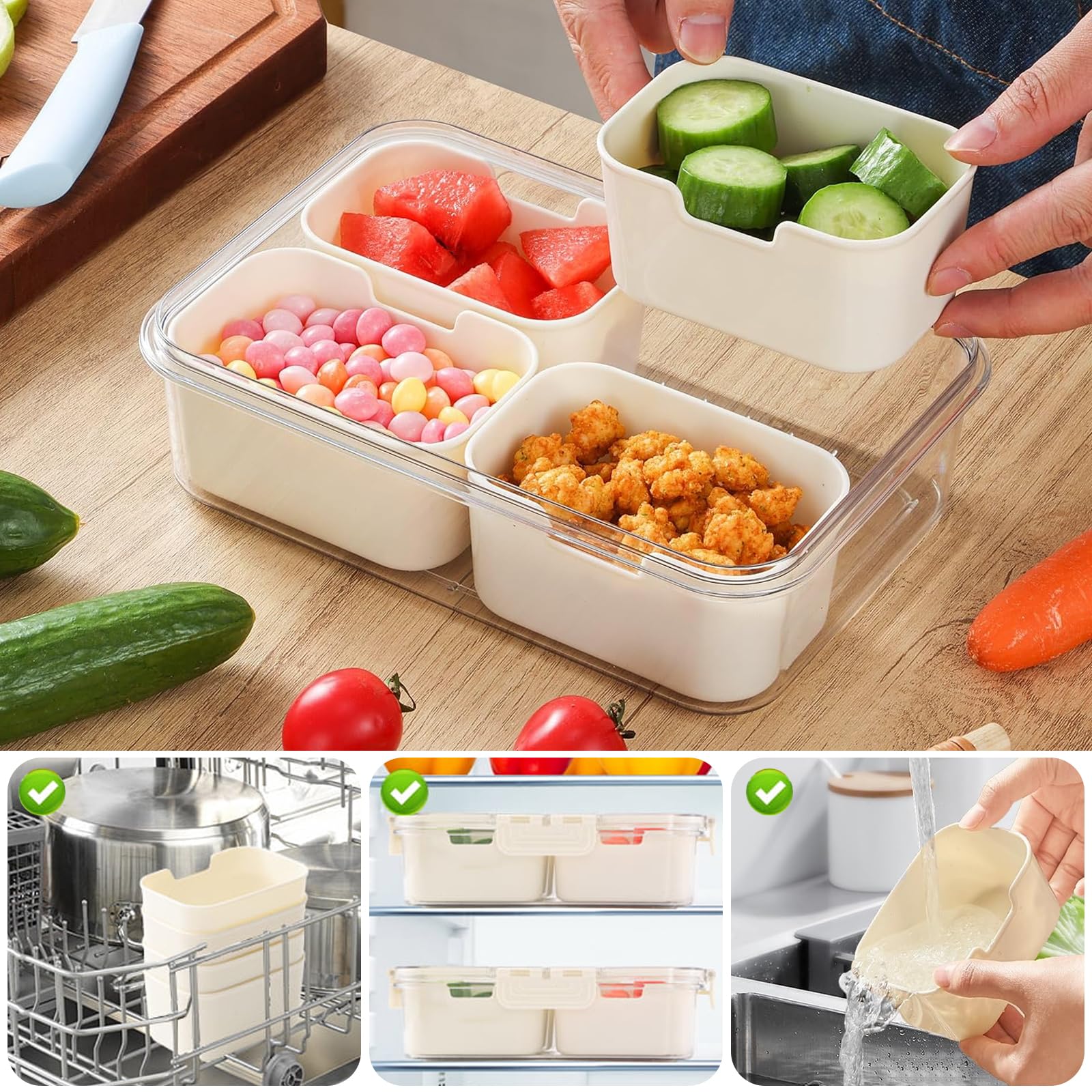 BYNYXI Piatto per snack con 5 scomparti, contenitore quadrato per snack con coperchio, in plastica, per frutta secca, noci