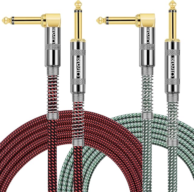 OTraki 7Ft 2M Guitar Cable 2 Pack 6.35mm 1/4" Straight to Right Angle Guitar Instrument Cables TS Braided Noiseless Audio Instrument Lead for ELectric Guitar Bass Keyboard