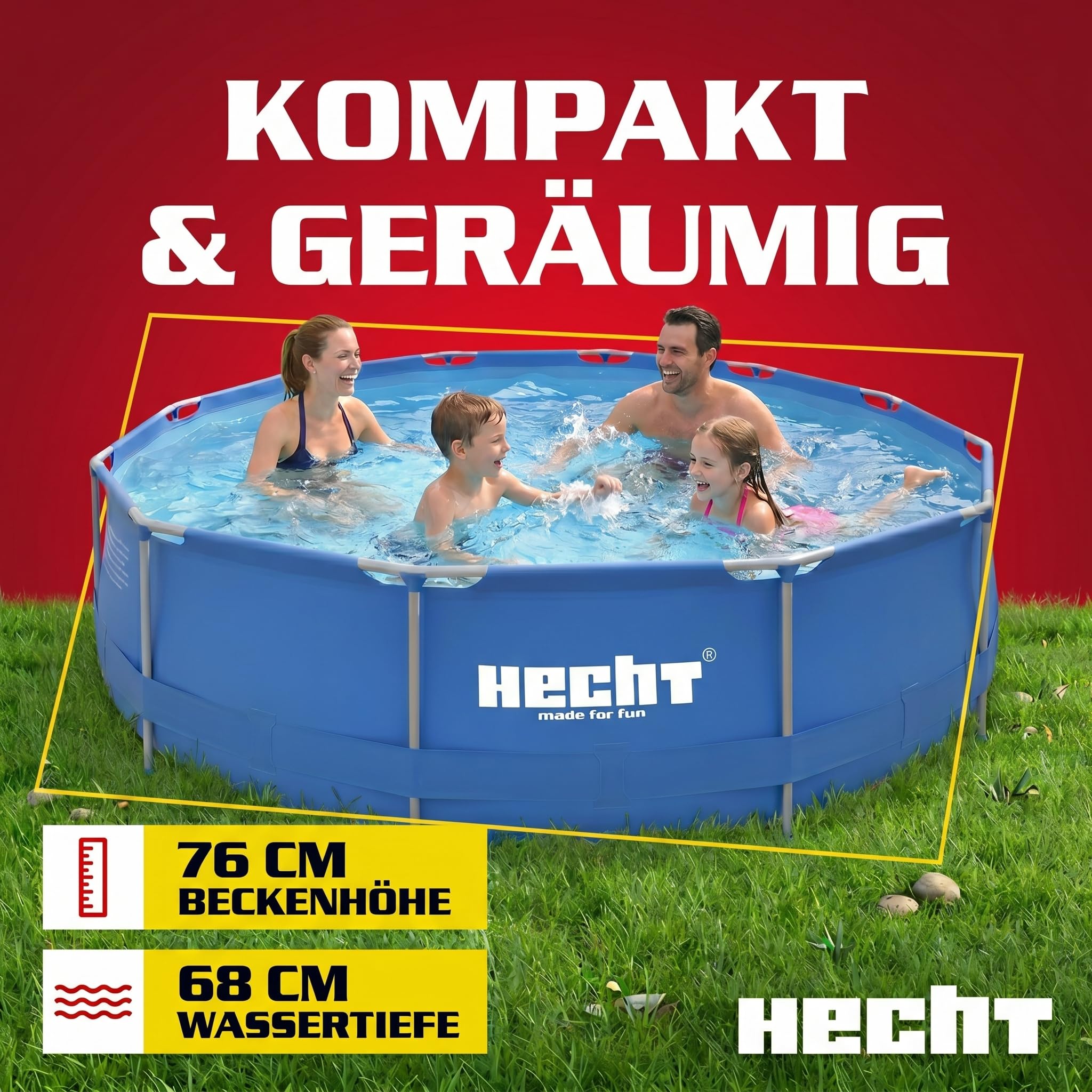 Hecht Stahlrahmen Pool Swimmingpool 360 x 76 cm 300 x 76 cm Familienpool rund Metallrahmen XXL Outdoor Pool 4.383 Liter