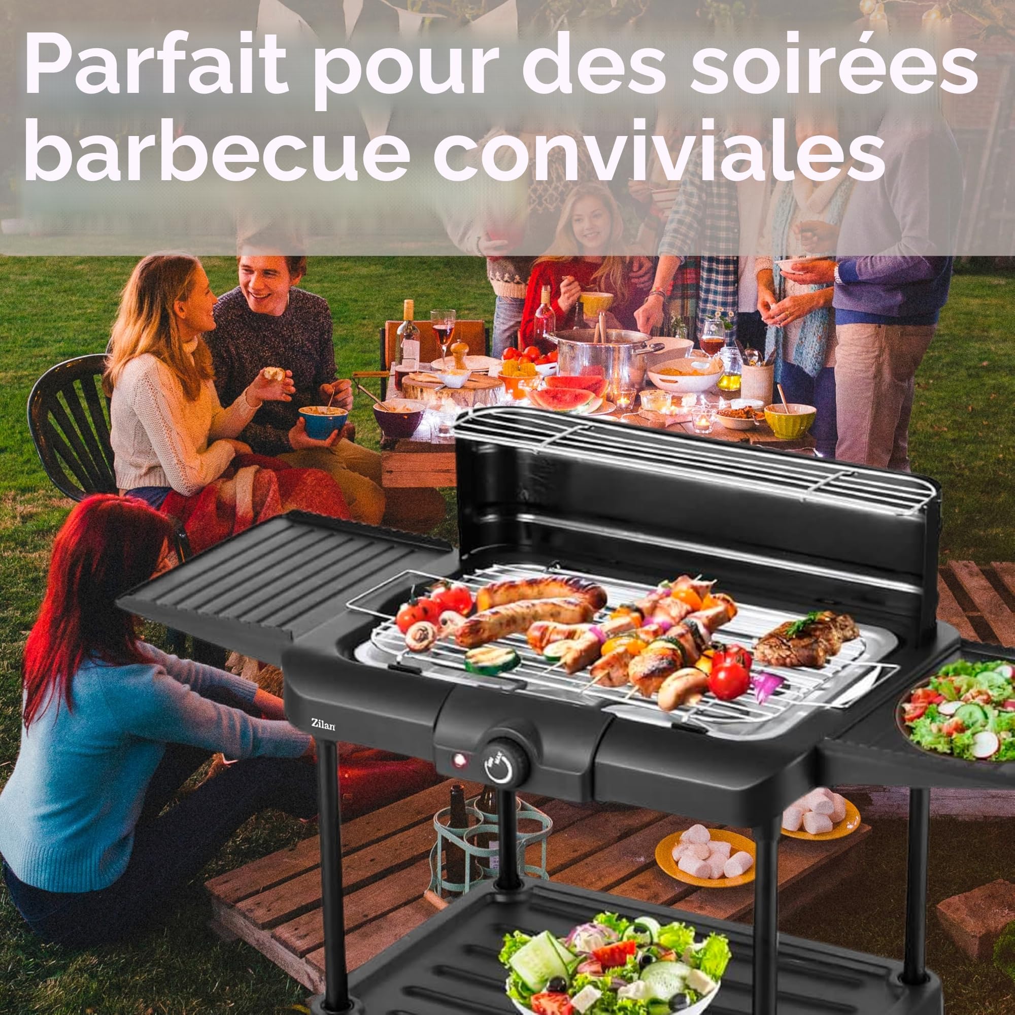 Barbecue électrique 2 en 1 - 2 400 W - Barbecue électrique pour balcon, extérieur et intérieur avec pied - Grandes surfaces de cuisson - Régulateur de température en continu