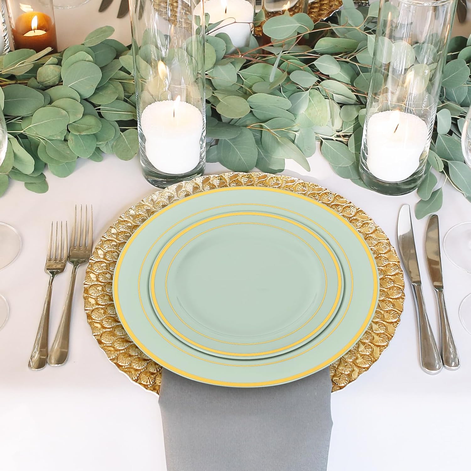 Whaline 50 Pcs Light Green Plastic Plates Gold Foil Bordered Disposable Plates Decorative Dinner Dessert Plate for Bridal Shower Wedding Party Supplies Table Decor - Image 7