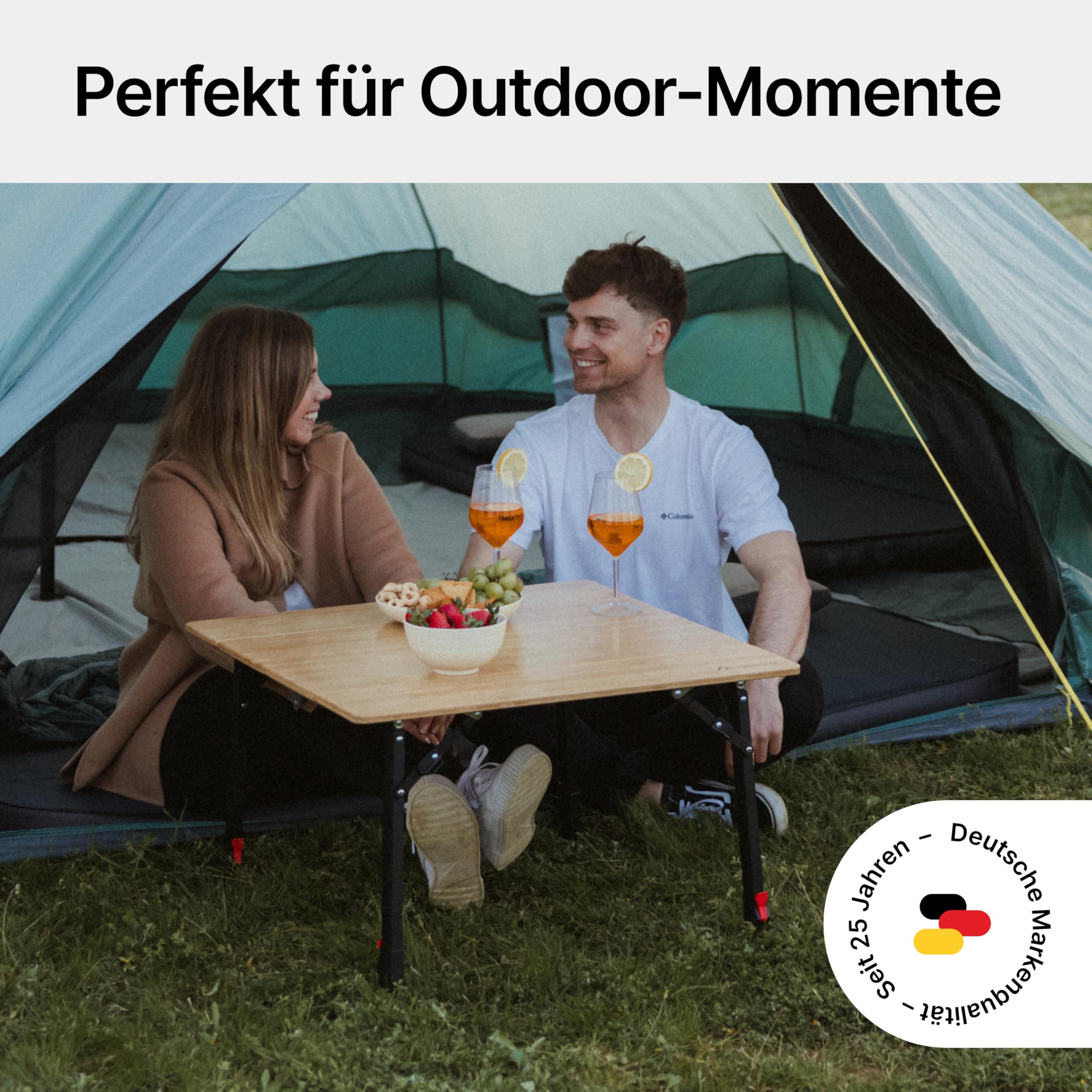 qeedo Quick Kimmy S Campingtisch 70 x 70 cm - klappbarer Bambus Tisch höhenverstellbar 43 bis 70 cm
