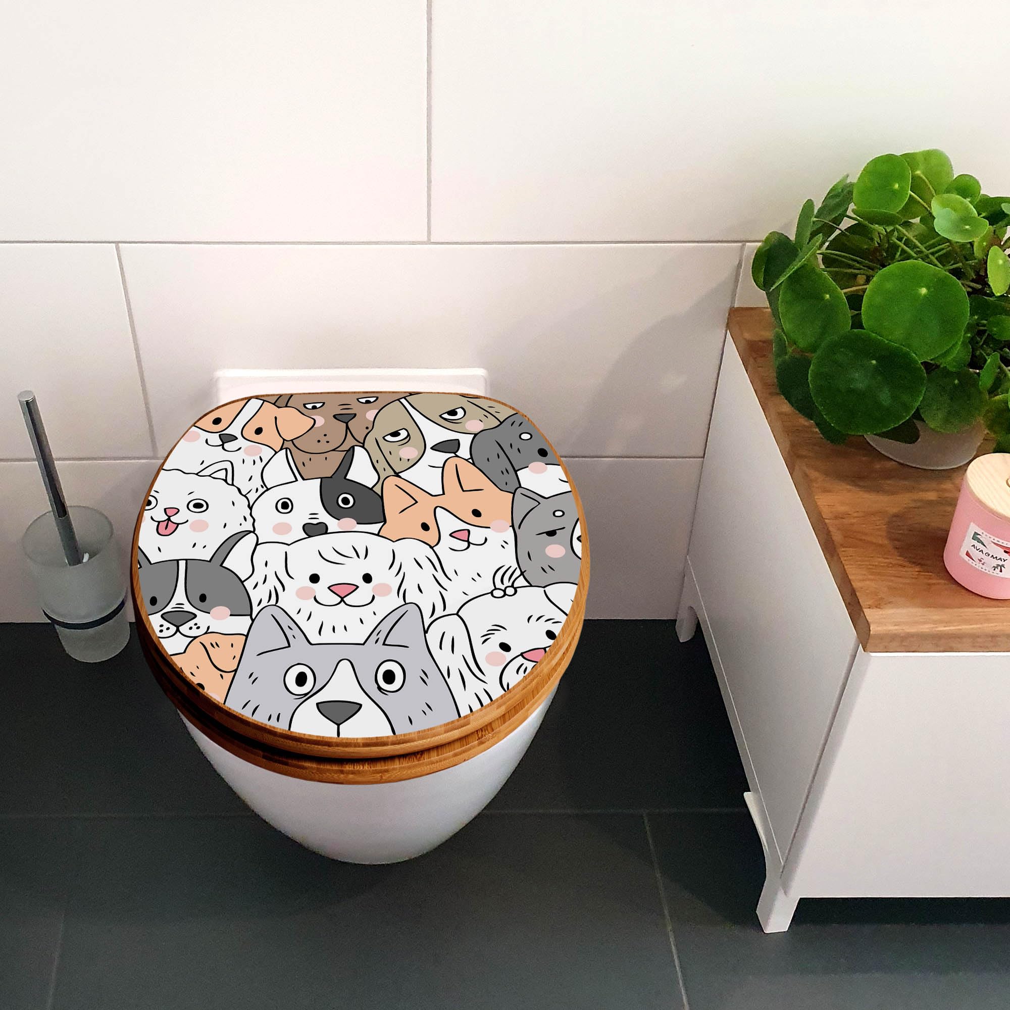 banjado Design WC Sitz Bambus Absenkautomatik 45,8x37,5cm - Toilettendeckel mit Absenkautomatik Holz - hochwertiger Bambus Klodeckel - WC-Sitz für gängigen Toiletten - Motiv Hunde Gruppe neugierig