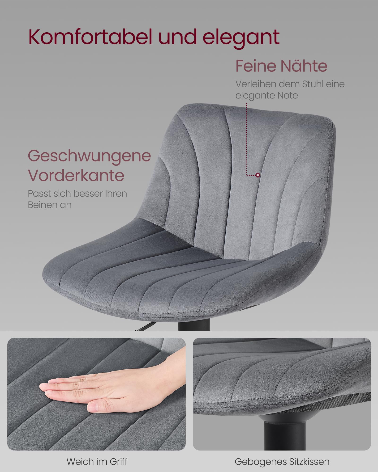 VASAGLE Barhocker 2er Set, Barstuhl mit Rückenlehne, Küchenhocker, höhenverstellbar, um 360° drehbar, Fußstütze aus Metall, für Esszimmer, Küche, Samt-Bezug, schiefergrau LJB161GN01