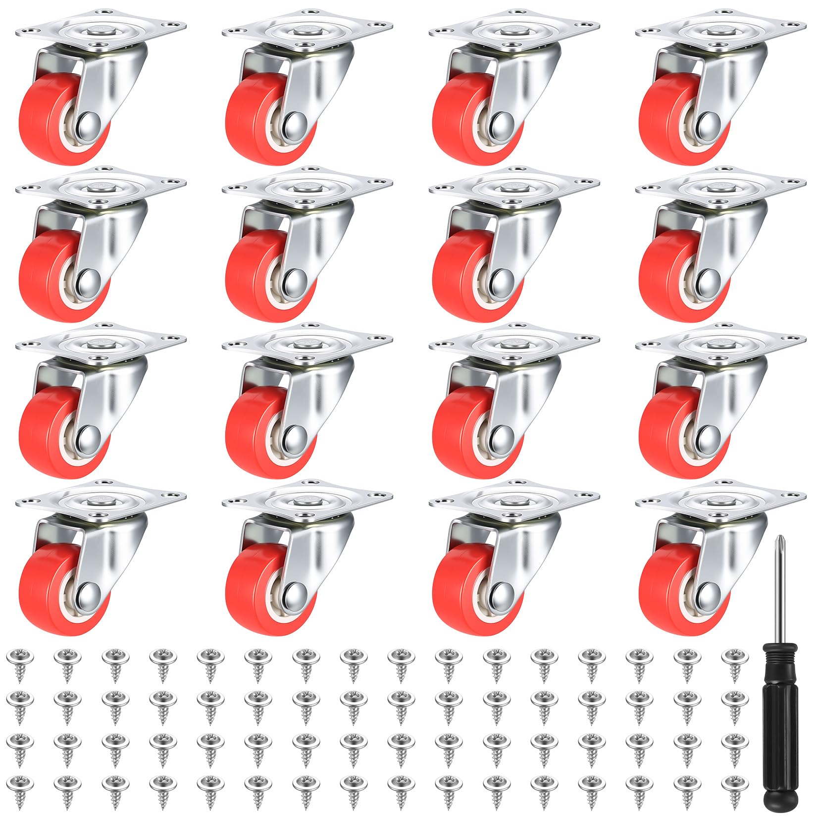 16 Pack Mini Furniture Castors Red, Small Swivel Castor Wheels Low Profile, 360° Quiet Rubber Wheels for Furniture Trolley Table Cabinet Rollers with Screws