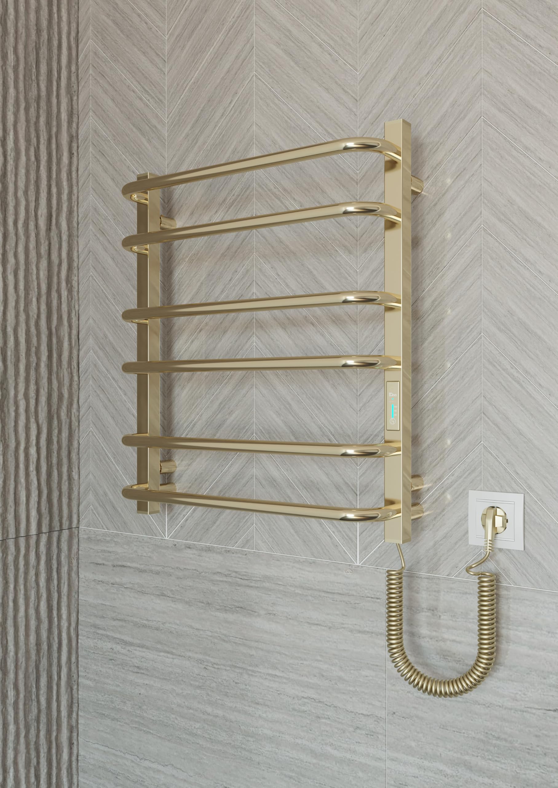 Elna grzejnik na ręczniki, złoty, 104 W, 610 x 530 mm, elektryczny z timerem i termostatem, do hotelu, mieszkania, SPA i studia – IP44 – stal nierdzewna – kompaktowy montaż na ścianie