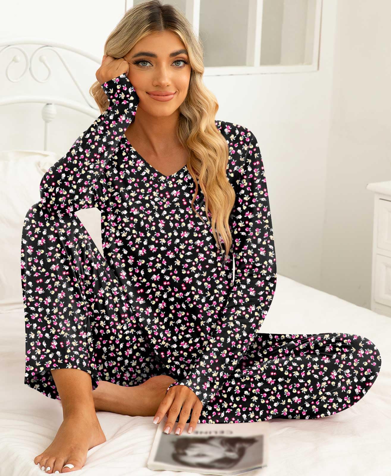 syoss Conjunto de pijama de otoño de 2 piezas para mujer, ropa de dormir de manga larga con bolsillos, Floral Black, XL