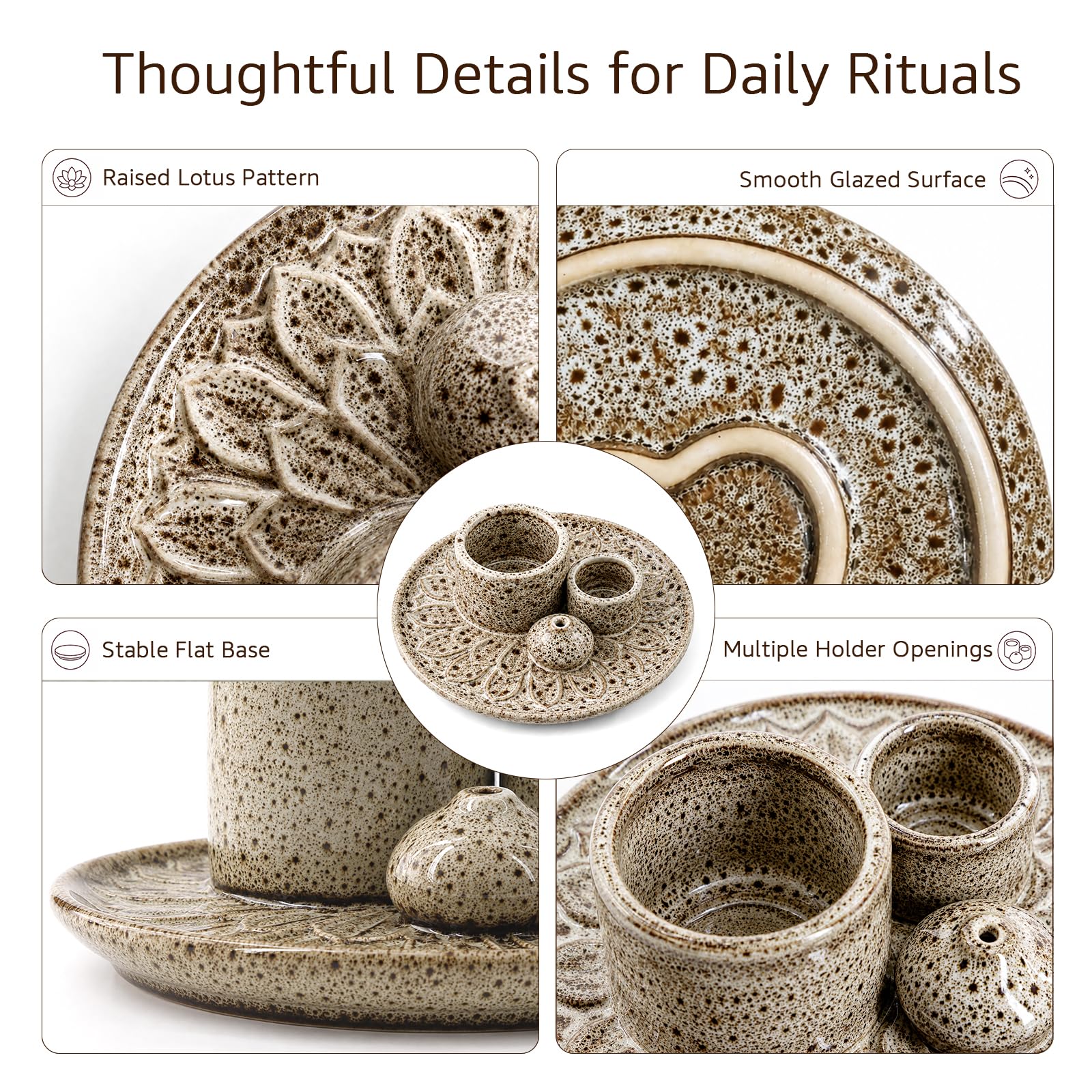 Palo Santo Räucherstäbchenhalter, 4-in-1 Keramik-Räucherstäbchenhalter & Kerzenhalter, Aschefänger & Schmierstabhalter für Meditations- und Yoga-Raum (Braun)