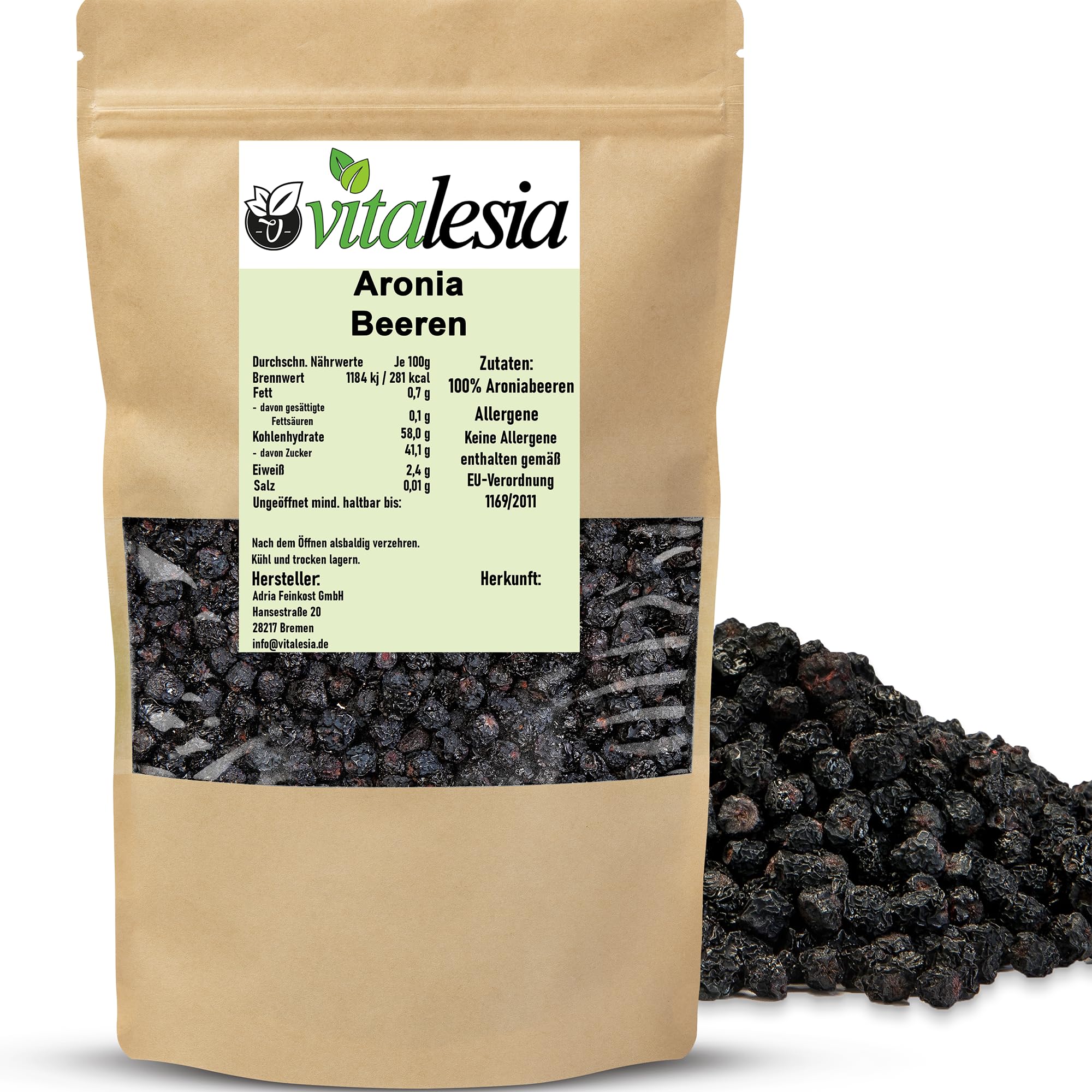 Vitalesia Aronia Beeren getrocknet 1 kg | 100% Superfood Beeren | reich an Ballaststoffen & Antioxidantien | Premiumqualität ohne Zuckerzusatz | vegan
