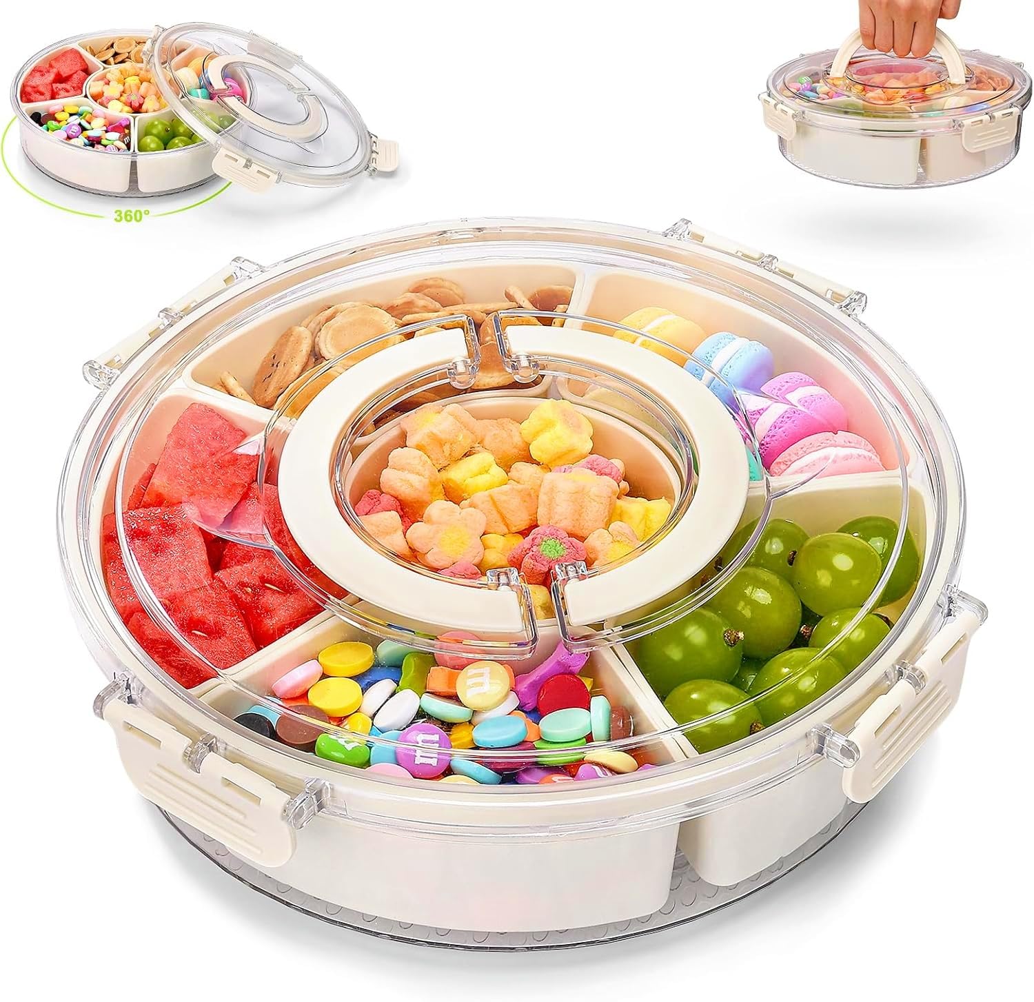 TOSUTO Snackbox met Vakken, Snackschaal met Deksel en Handvat, Uitneembare 6 Vakken, Snackbord met Deksel voor Snoep, Fruit, Noten voor Picknicks en Familiebijeenkomsten