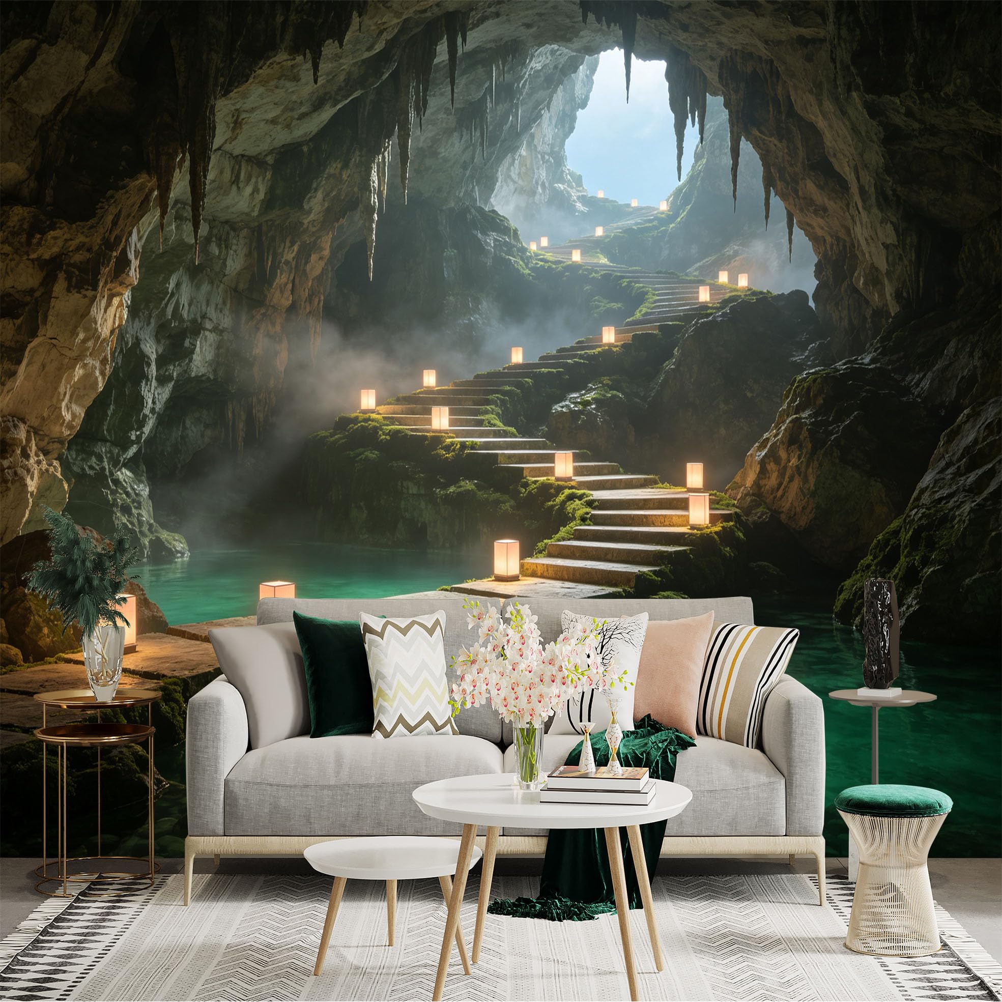 Custom Size Wall Sticker Mural， Mysterious Limestone Cave， Glowing Lanterns on Stone Stairs， Tranquil Underground Lake， Surreal Landscape， for wall Decoration， peelandstick wall Decals.