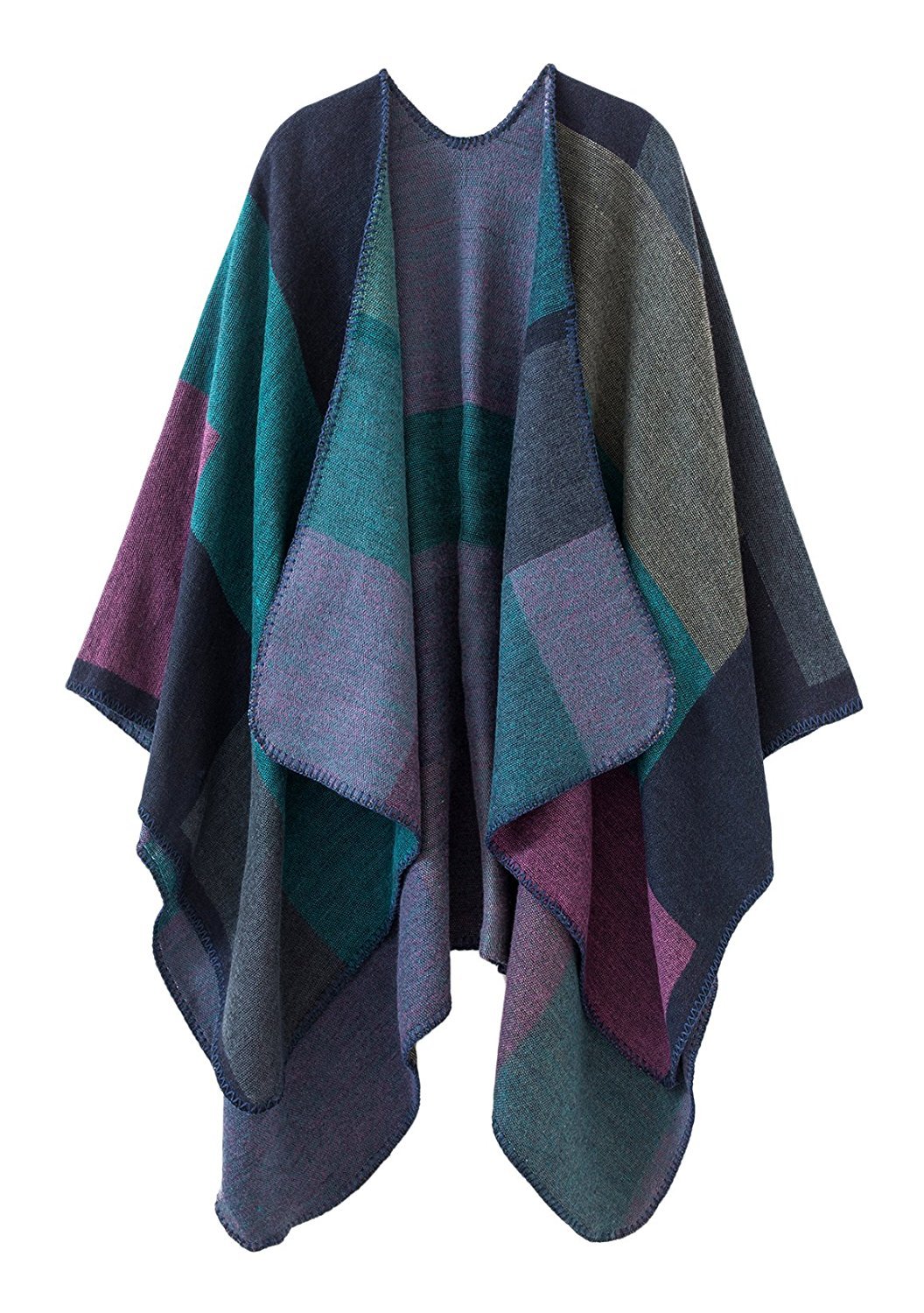 Womens Reversible Oversized Blanket Poncho Cape Shawl Cardigans (One Size, Plaid/Purple)