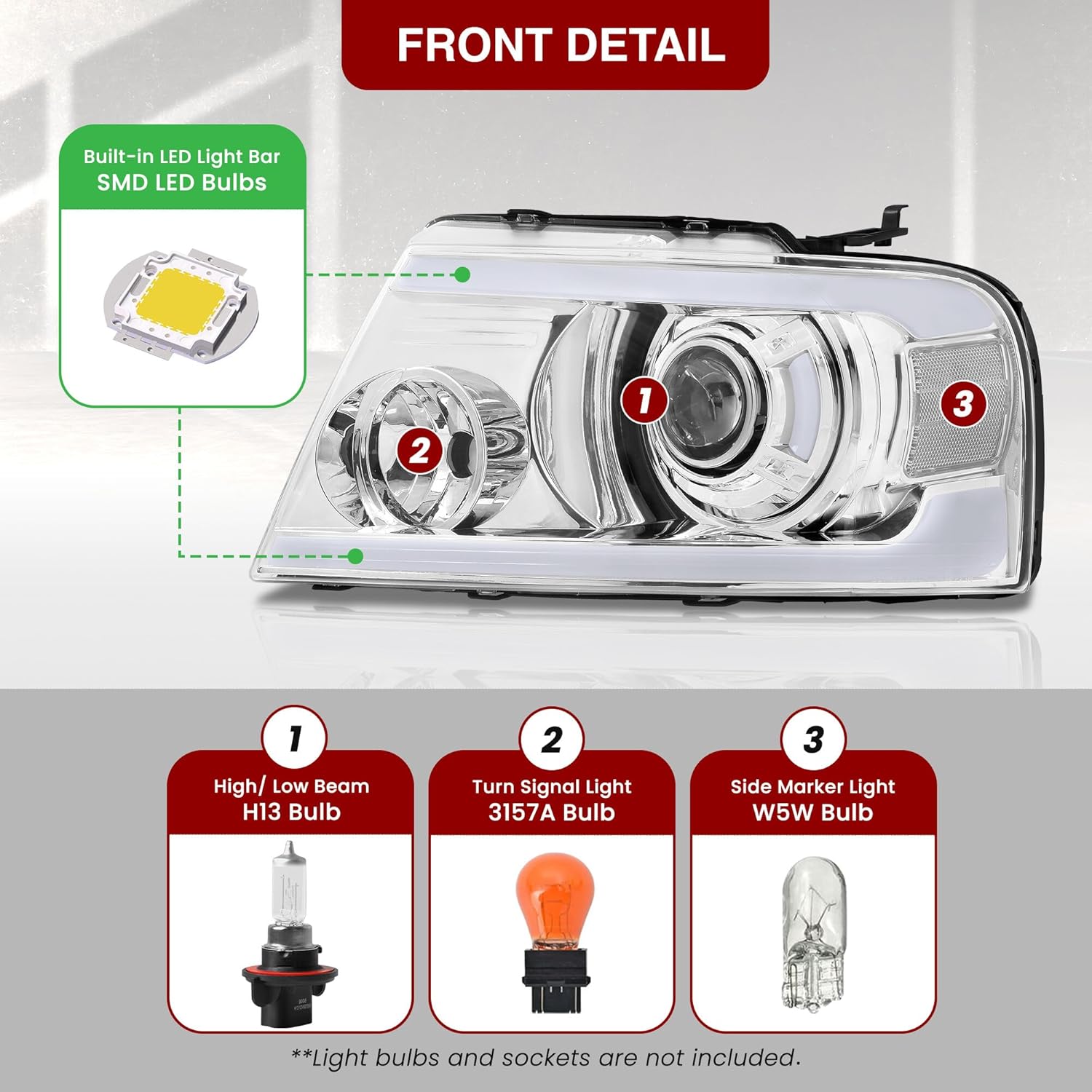 AJP Distributors LED DRL Tube Bar Projector Head Lights Bumper Signal Lamps Housing Assembly Set Left+Right Compatible/Replacement For F-150 F150 Pickup Mark LT 2004 2005 2006 2007 2008 04 05 06 07 08