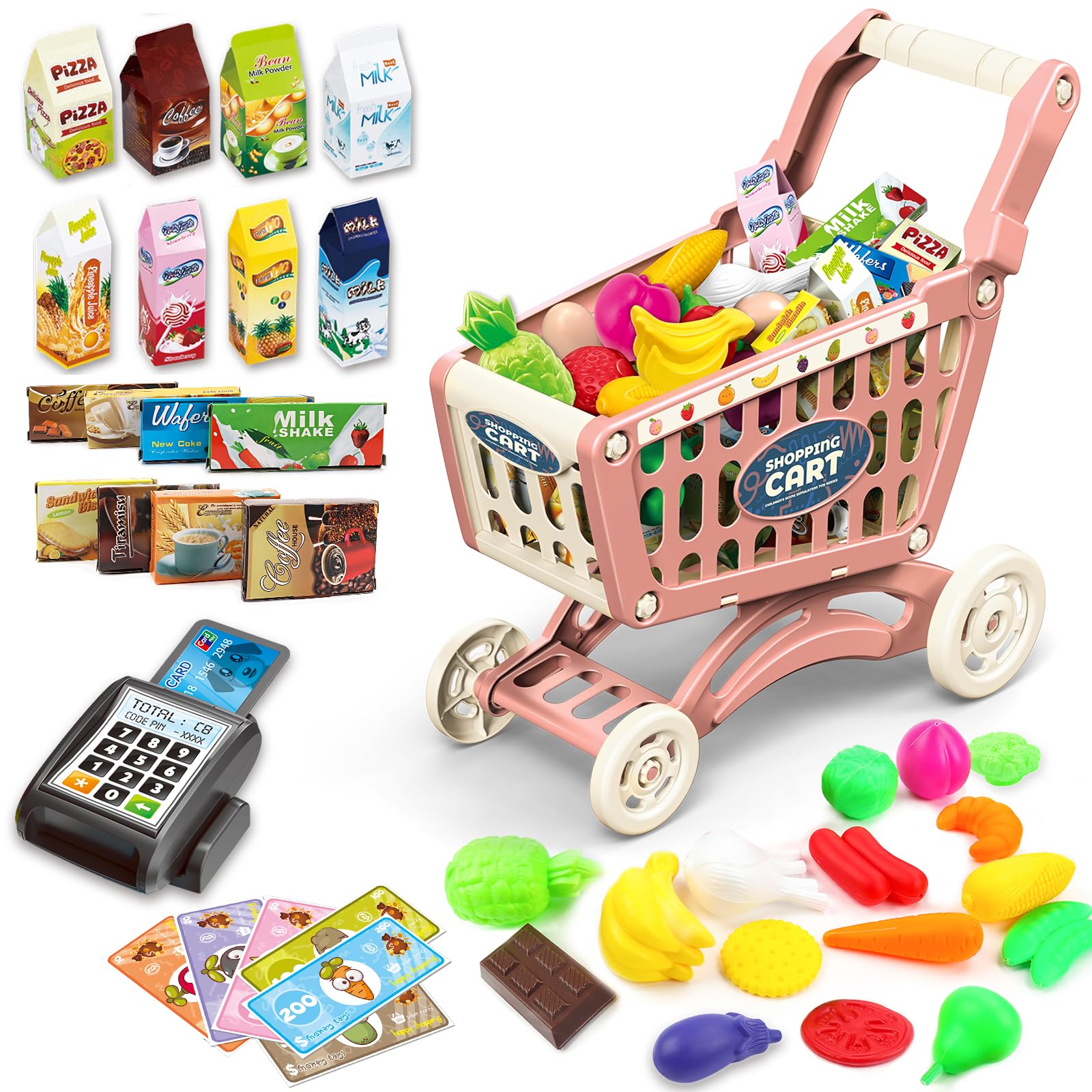 deAO Einkaufswagen für Kinder, Supermarkt Einkaufswagen Spielzeug (Rot) | Mit 48 Lebensmittel Obst Gemüse, Lebensmittel Rolle Spielen Pädagogisches Spielzeug, Kaufmannsladen Spiele für Jungen Mädchen