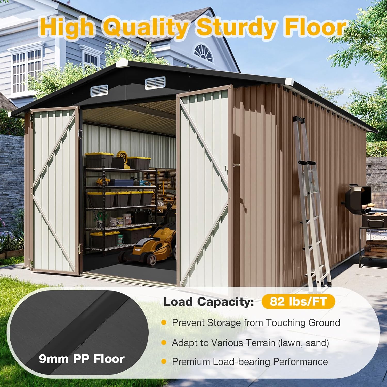 10x12 FT Outdoor Storage Shed with Floor & Lockable Double Doors, Heavy-Duty Galvanized Steel Outdoor Metal Shed for Bike, Tool, Generator Storage in Backyard, Patio (10’x12’, Floor)