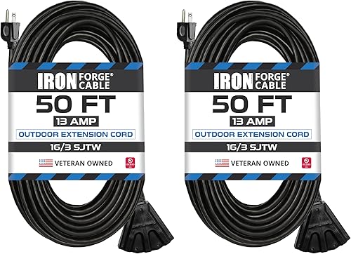 Iron Forge Cable Paquete de 2 cables de extensión para exteriores de 3 salidas de 50 pies, cable de extensión SJTW negro 163 con múltiples tomas de