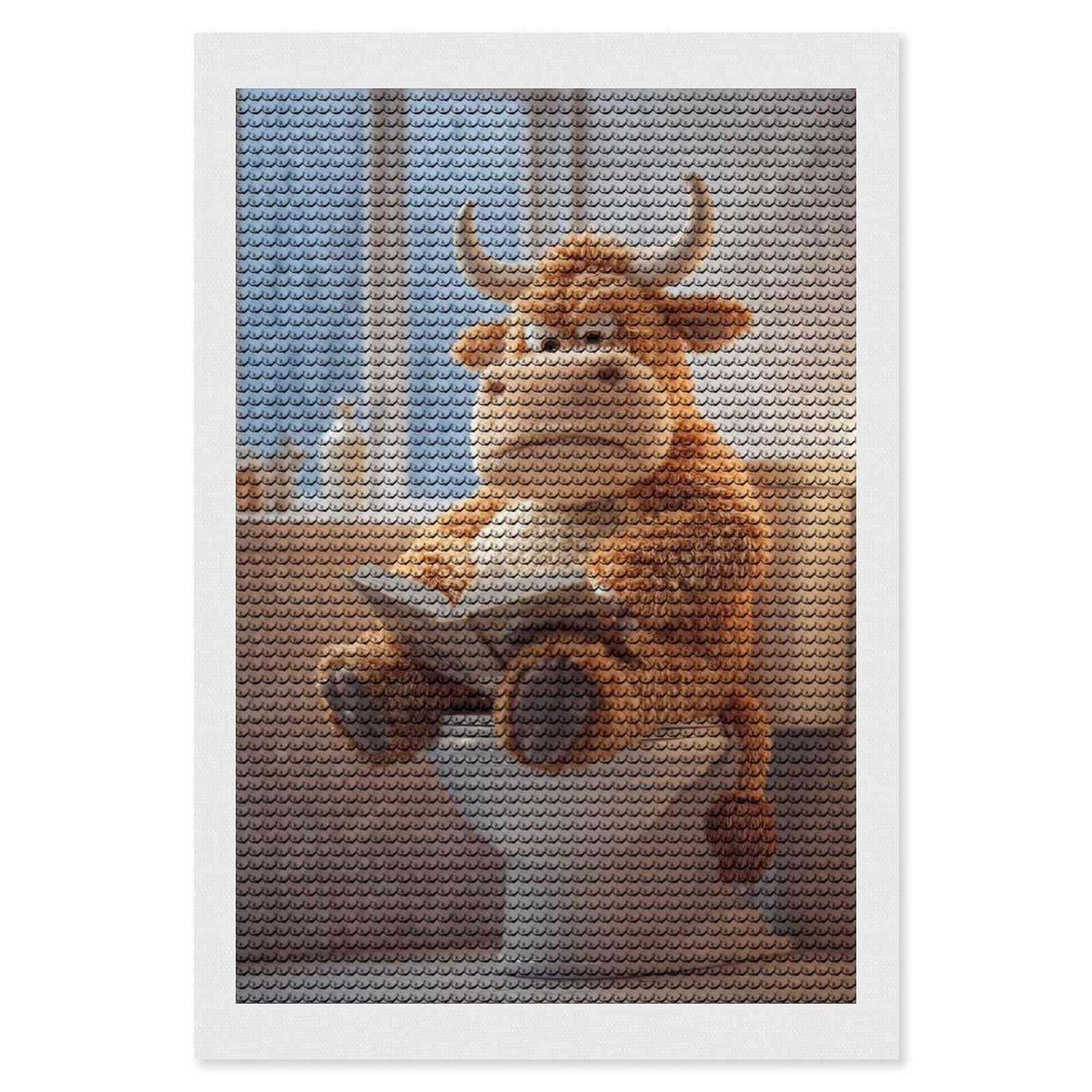 Junmoney Stuffed Bull Reading on Toilet Full Drill Diamond Painting Kit 8"x12", for Teens, Adhesive Canvas, Bedroom Decor, Holiday Gift Idea