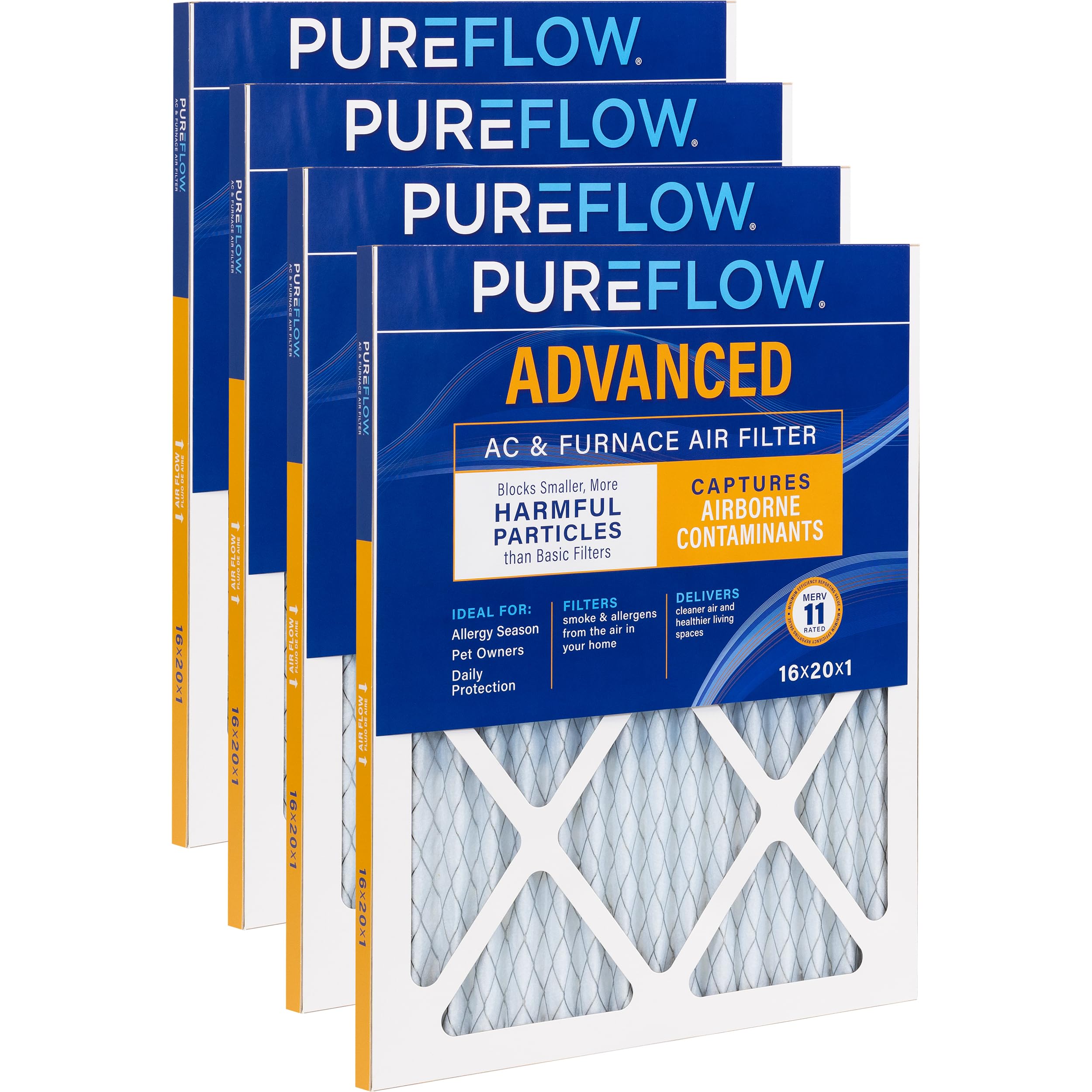 PUREFLOW Home Air Filter MERV 11, 16x20x1 Furnace Filter, 4 Layer High Efficiency Filtration for Dust, Smoke, Fumes, Pollutants (4-Pack)