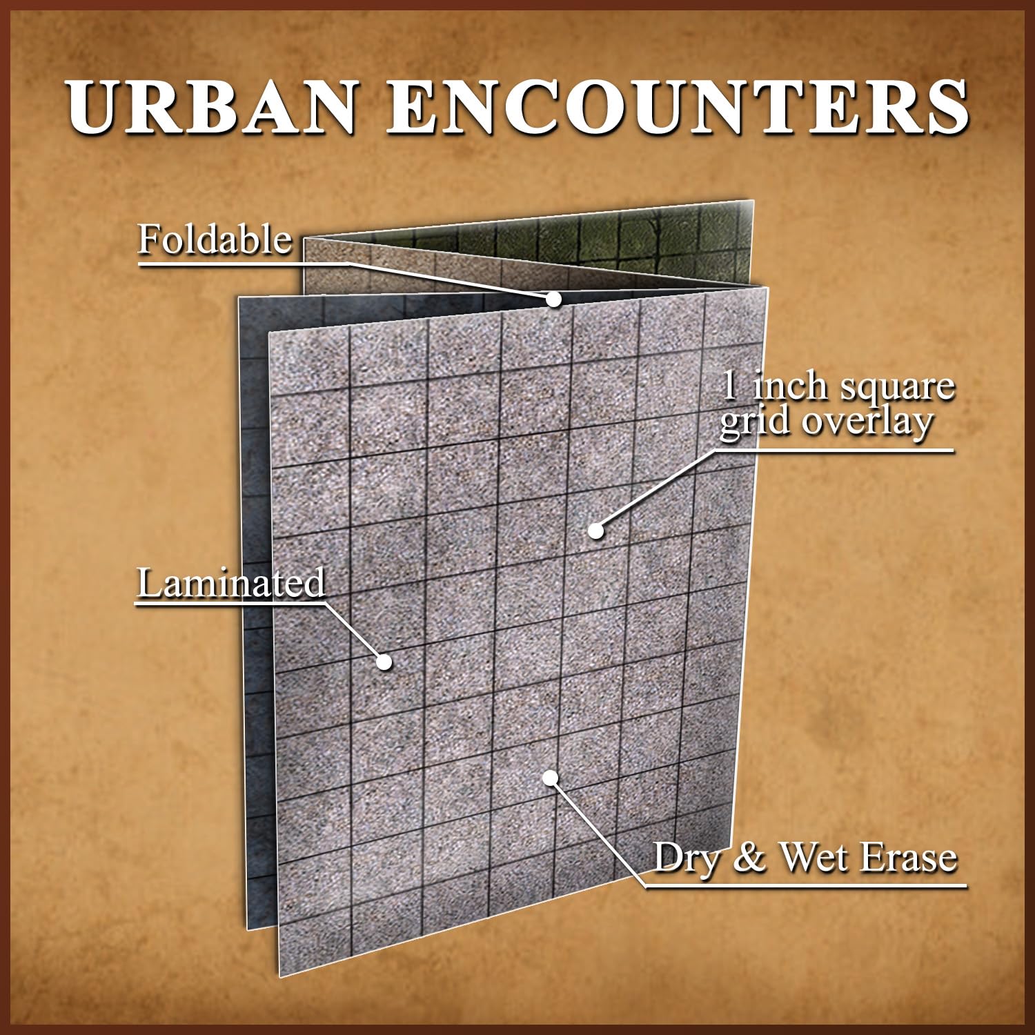 Adventurers and Adversaries - Tapete de mapa de encuentros urbanos de Game Knights - Mapa de batalla laminado brillante de doble cara, mapa de mesa para juegos de rol, superposición cuadriculada de 1