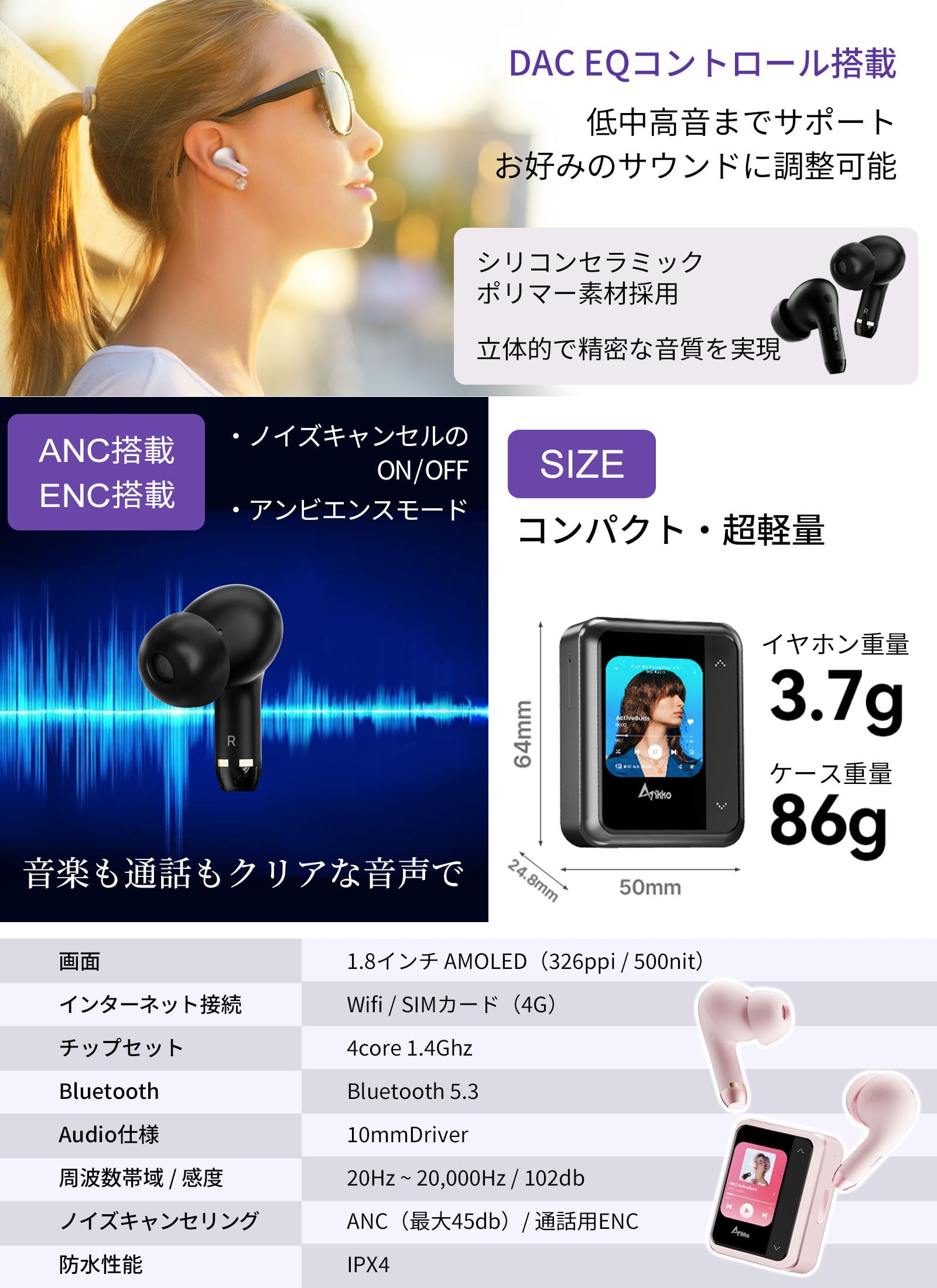 Ikko ワイヤレスイヤフォン ブラック Ikko-スマートシステムとタッチスクリーンを備えたワイヤレス
