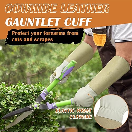 Miniatura 3 de Guantes de poda largos para hombres y mujeres, piel de cerdo, rosa guantes de jardinería, transpirables y duraderos.