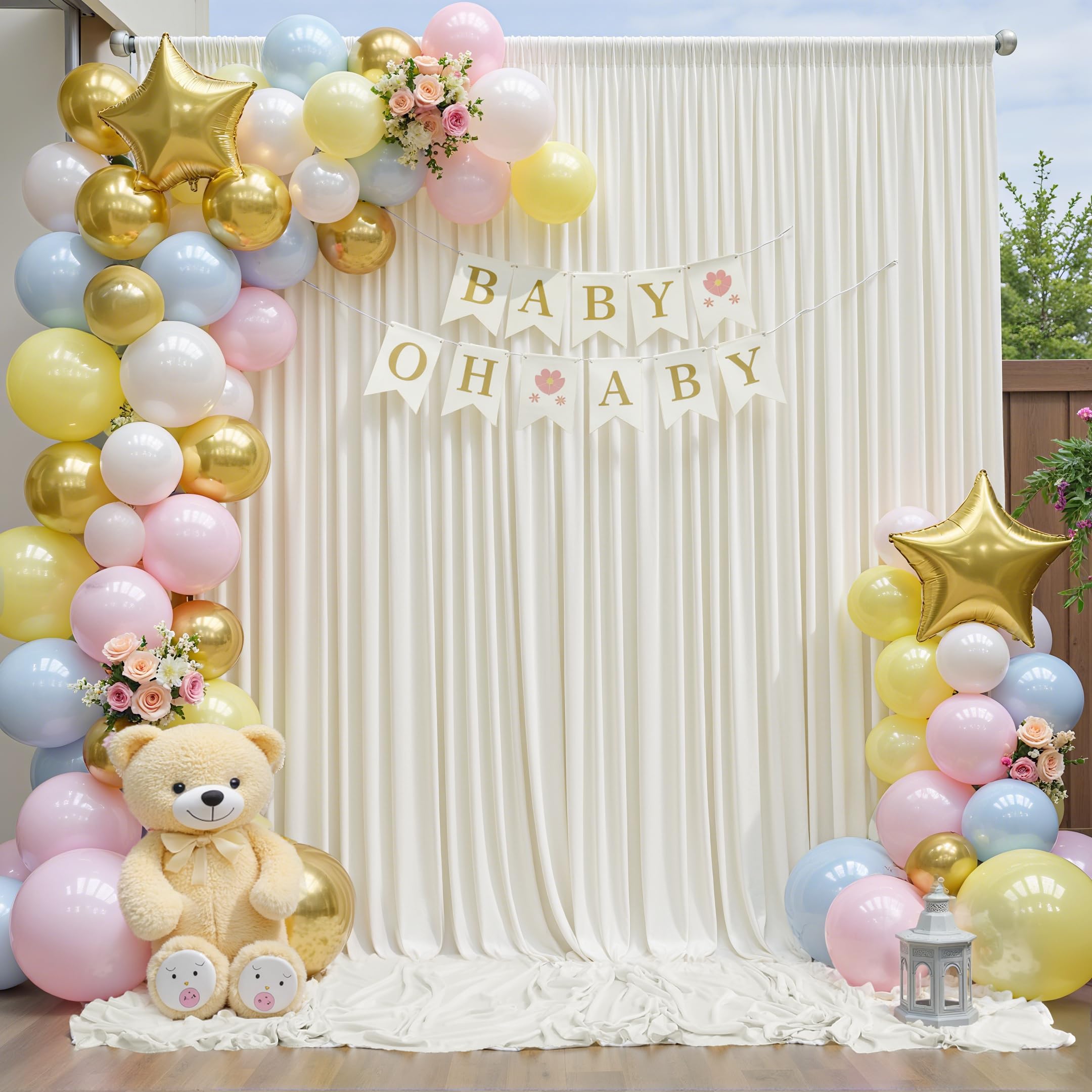 NSSONBEN Toile de fond sans plis de 15,2 m x 2,4 m en ivoire pour les fêtes, 10 panneaux de 1,5 m x 2,4 m en polyester soyeux pour mariage, toile de fond pour photographie de baptême et d’anniversaire