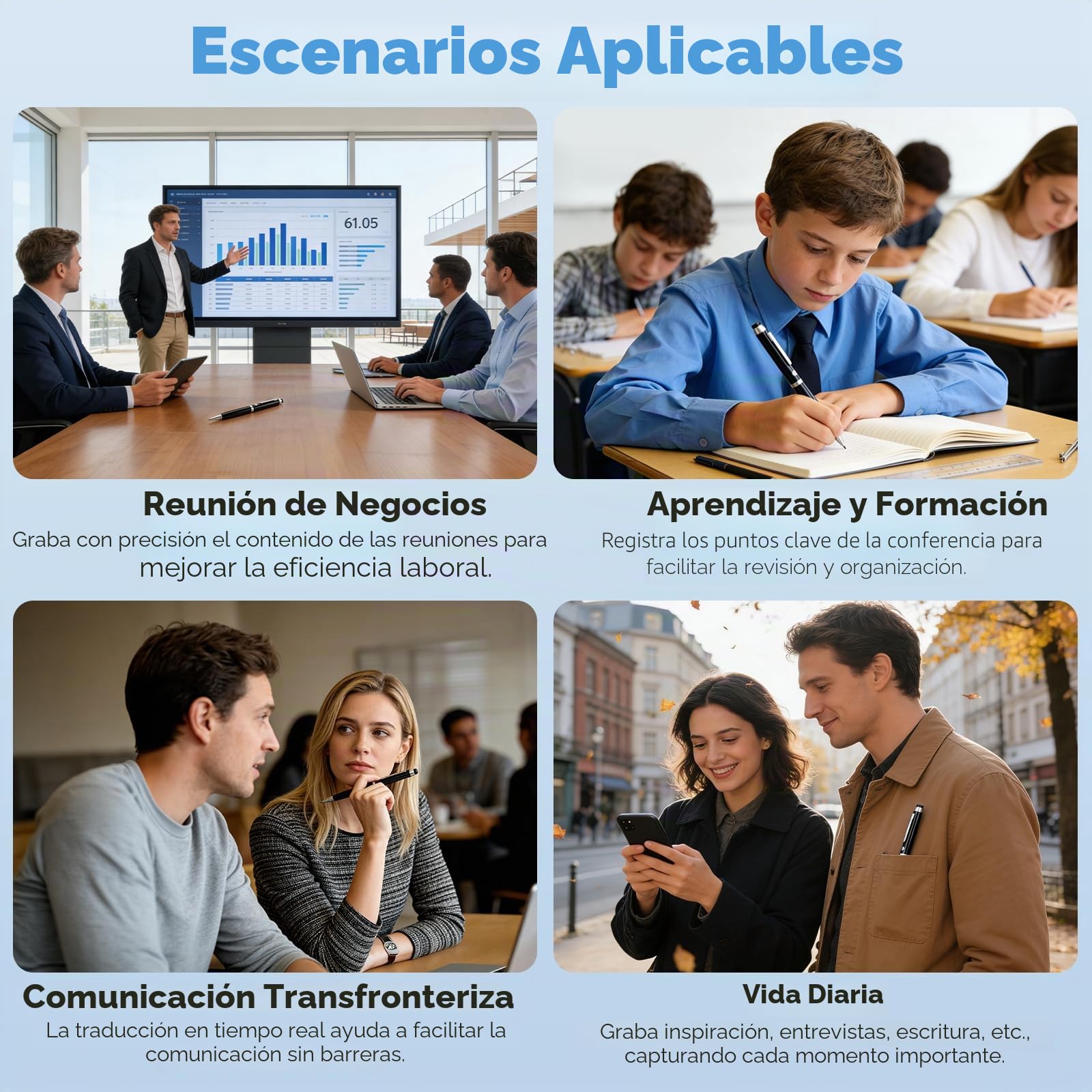 Grabadora de voz con transcripción en tiempo real y traducción - Lápiz de grabación de voz con micrófono de 360°, batería de 10h, 64 GB + nube, control de aplicación, un toque para reuniones